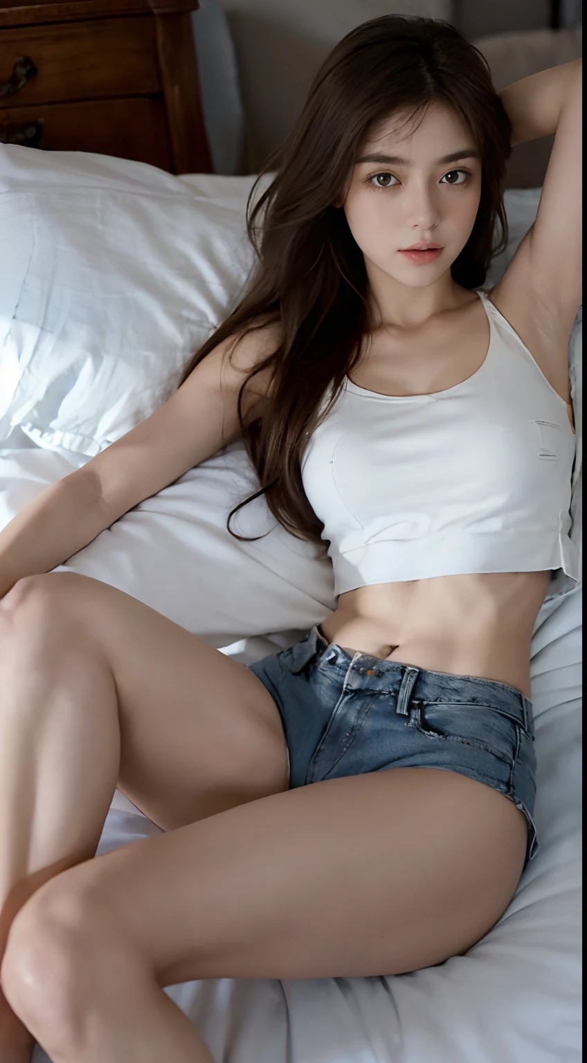 ((pantyshot:1.5)) ((Big breasts:1.3)) ((on the bed:1.2)) ((Sleeping:1.2)) ((Denim shorts:1.2)) ((close-up:1.2)) ((flat stomach:1.2)) Best Quality,masutepiece,超A high resolution,(Photorealistic:1.4),Raw photo,(Authentic skin texture:1.3),(Film grain:1.3),the panorama,Character Portrait,Very Wide Shot,Narrow waist,Cowboy Shot,(In the Dark, deepshadow, lowkey, cold light,) Night,(()),Streaming Tears,,Dust,Tindall Effect,(expression),1girl in,beautiful detailed eyes and face,White Jabot,Brown eyes,((White tank top:1.3)) ((Stylish bedroom:1.4)) ((Brown hair:1.2)) ((Long hair)) ((Half French and half Korean:1.3)) ((In my house:1.2)) ((Open legs:1.3))