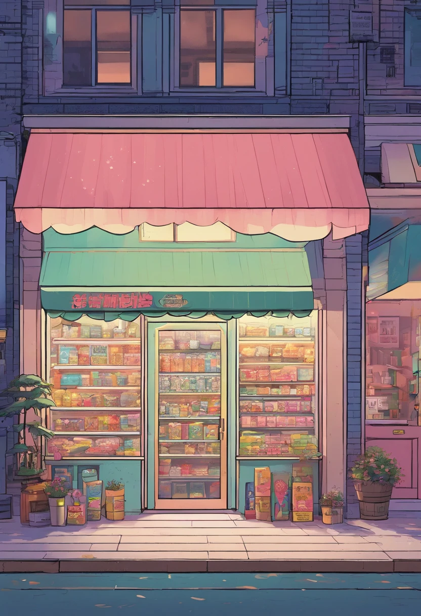 convenience store, isometric, outdoor, front of door, dim light, pastel colour, aesthetic