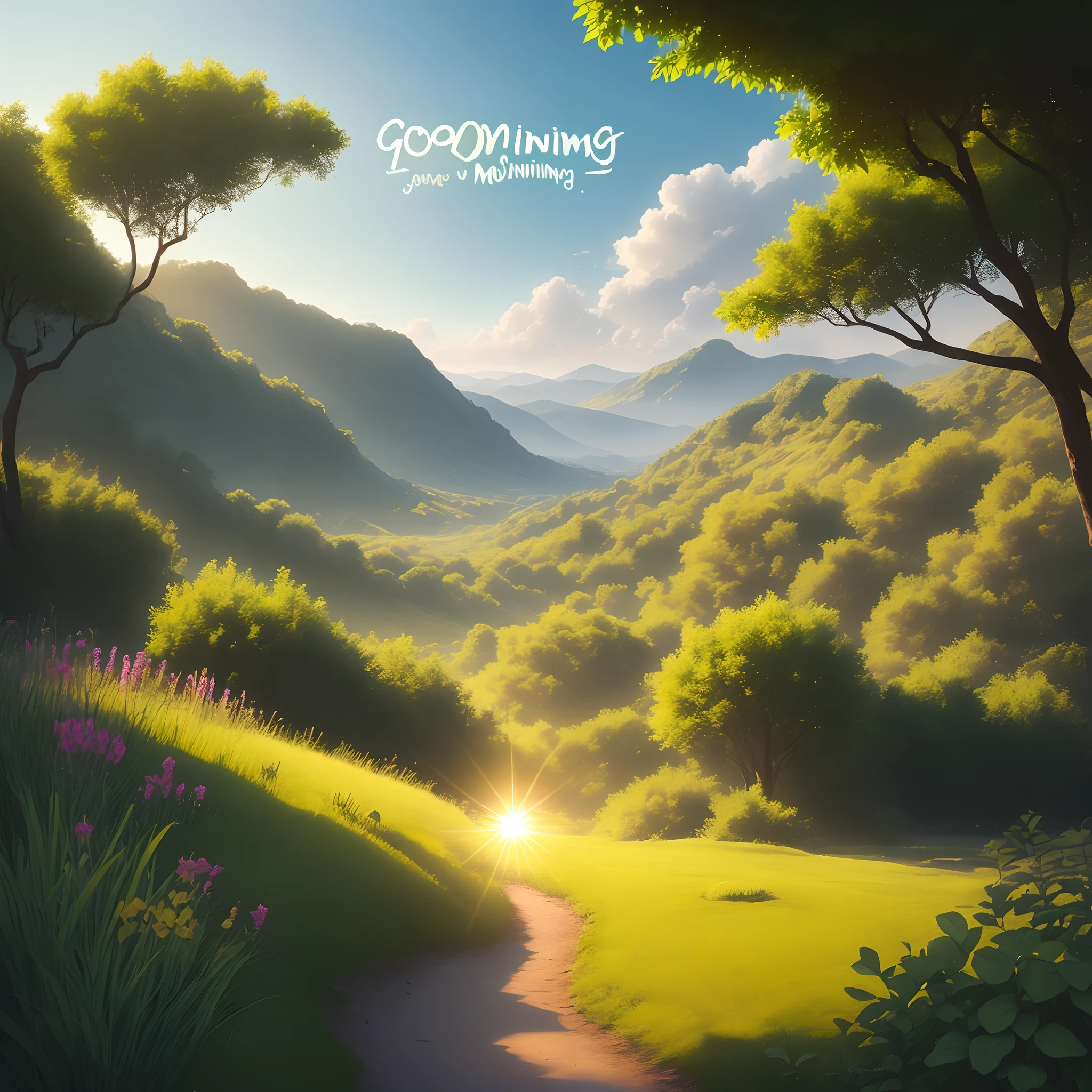 Create a unique picture it says Good morning.Landscape background with unusual plants and sun