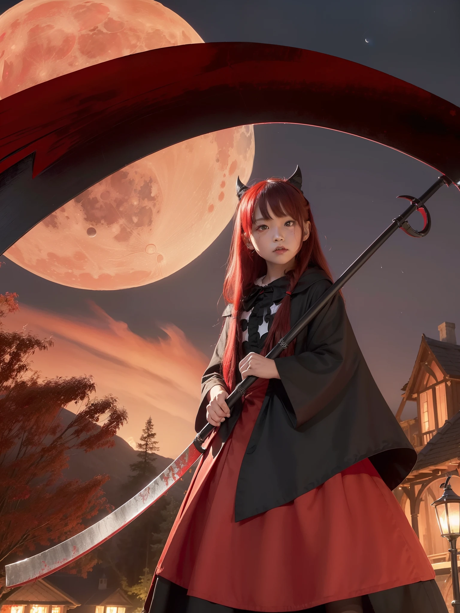 (With a red and black scythe:1.3)、Sickle with blood:1.1、(red hairs:1.5)、Little Girl、Little cute face:1.3、(Little Red Riding Hood:1.3)、Clothes like dresses with frills、(Halloween world view at night:1.3)、(Moon and bat on background:1.3)、Detailed hand