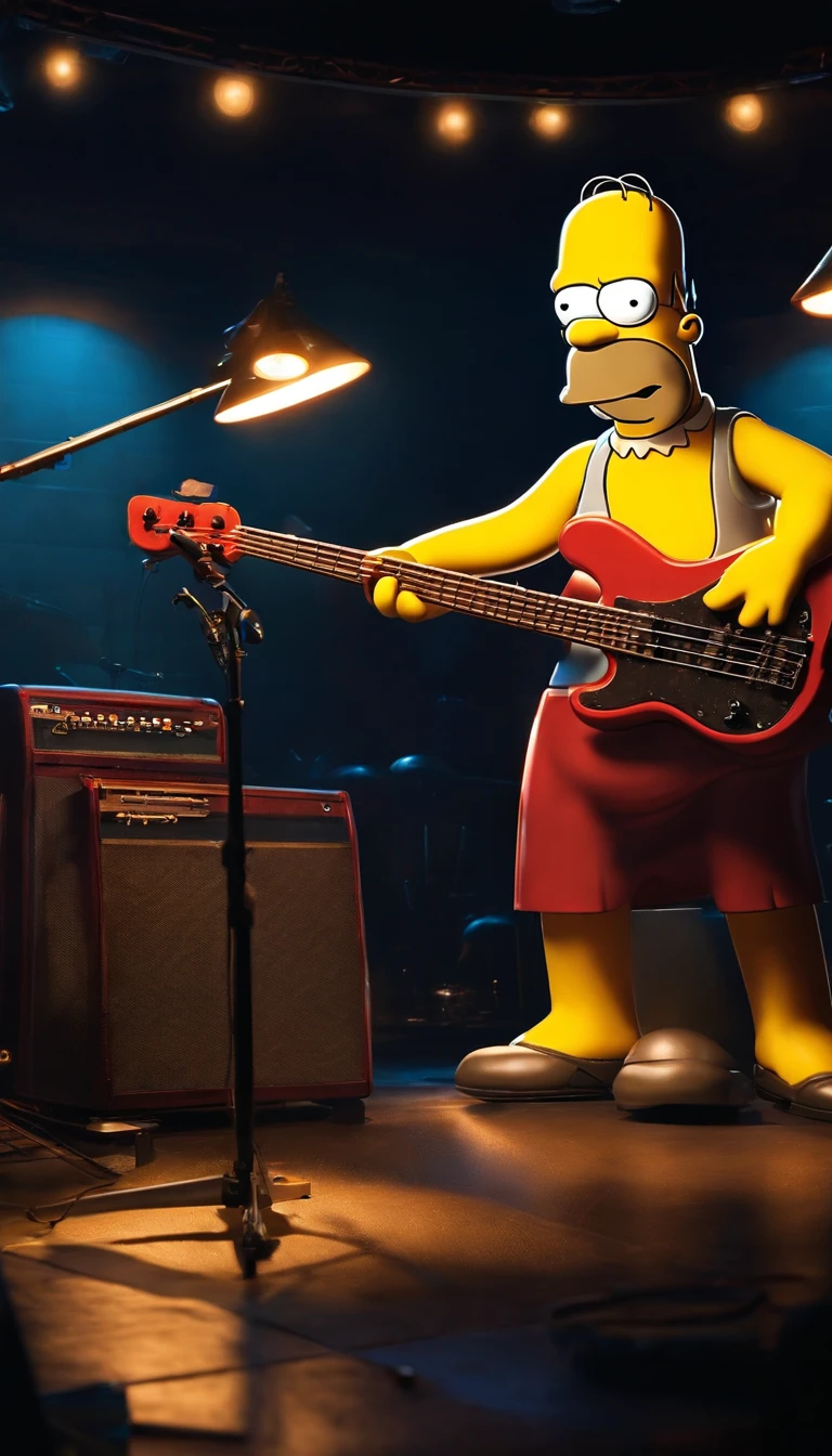 cafe shop,The Simpsons,Homer Simpson plays bass,homer simpson,dramatic lights,Dramatic colors,On stage,One guy,Play bass,The whole body of the character
