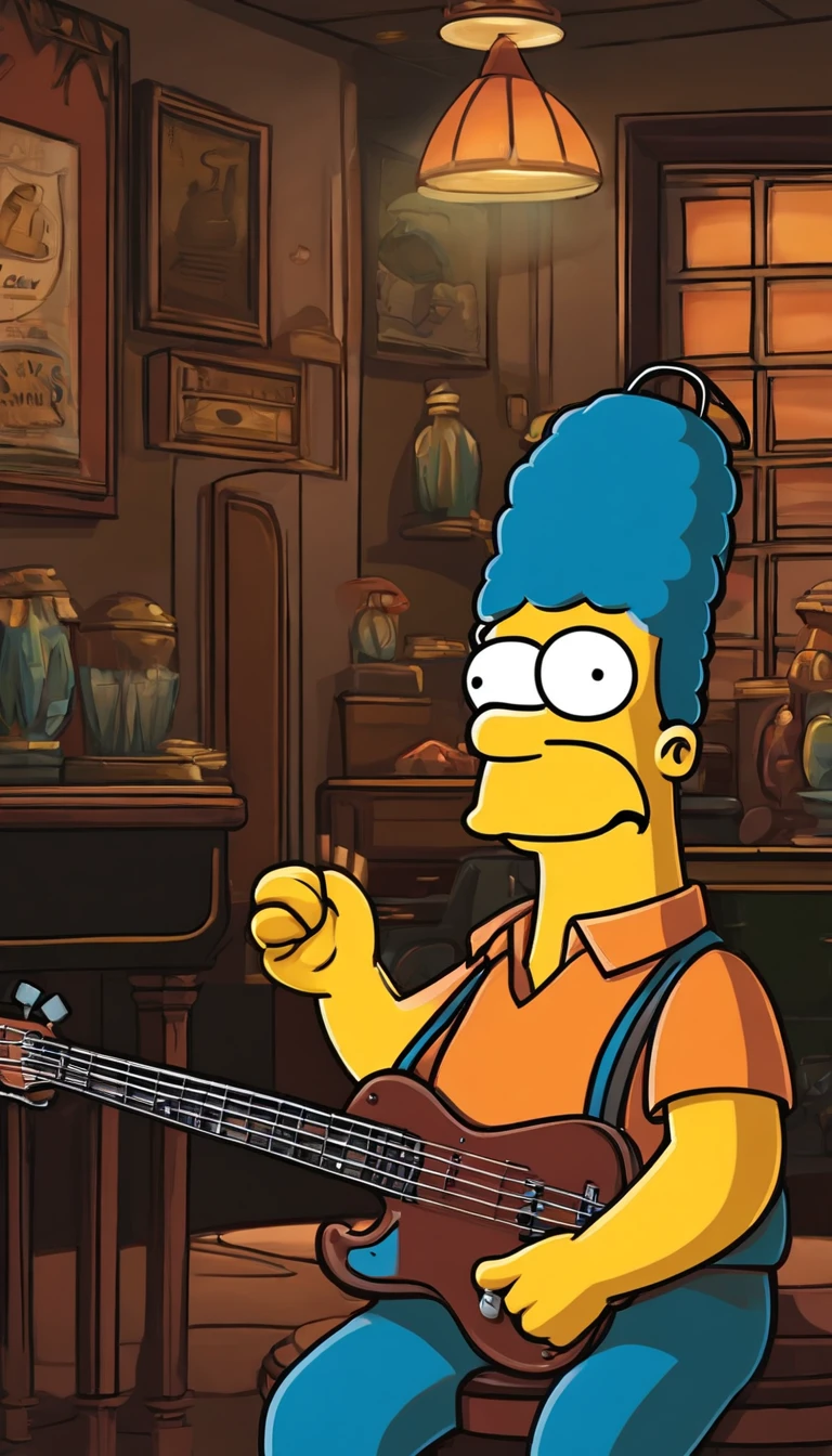 cafe shop,The Simpsons,Homer Simpson plays bass,homer simpson,dramatic lights,Dramatic colors,On stage,One guy,Play bass,The whole body of the character
