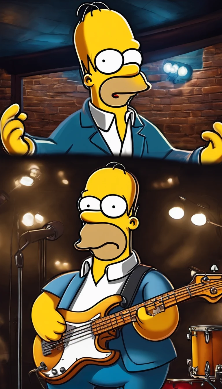 cafe shop,The Simpsons,Homer Simpson plays bass,homer simpson,dramatic lights,Dramatic colors,On stage,One guy,Play bass,The whole body of the character