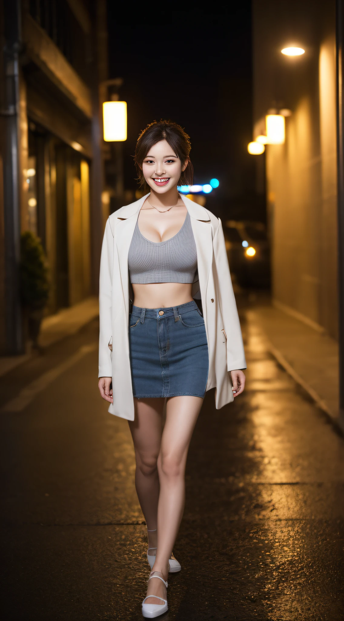 (8k, best quality, masterpiece:1,2), (realistic, photo-realistic:1,37), top quality, masterpiece, a beautiful woman, wearing a shirt for women crop v neck top white t-shirt korean fashion women t with a tight open gray color jacket, beautiful and toned body, cleavage, floral mini skirt, walking in the suburbs, slightly drizzling night background, in shops with Korean-style shop lights, night atmosphere, slightly wet asphalt, seductive smiles with dimples,