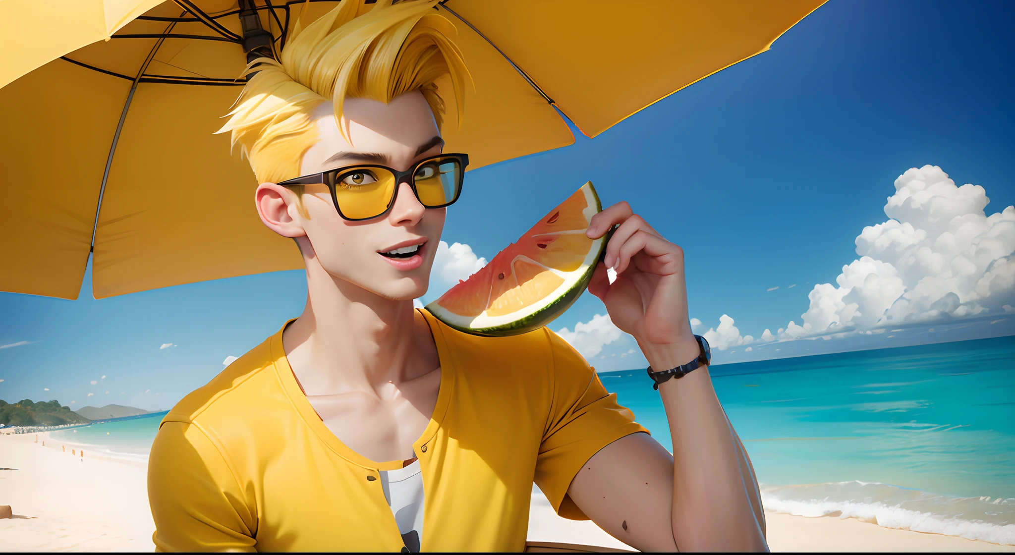 young man with yellow hair with quiff, wearing yellow glasses and yellow clothes, eating a watermelon on a beach on a very hot day, happy expression,best quality ,best detail pixar disney cartoon style