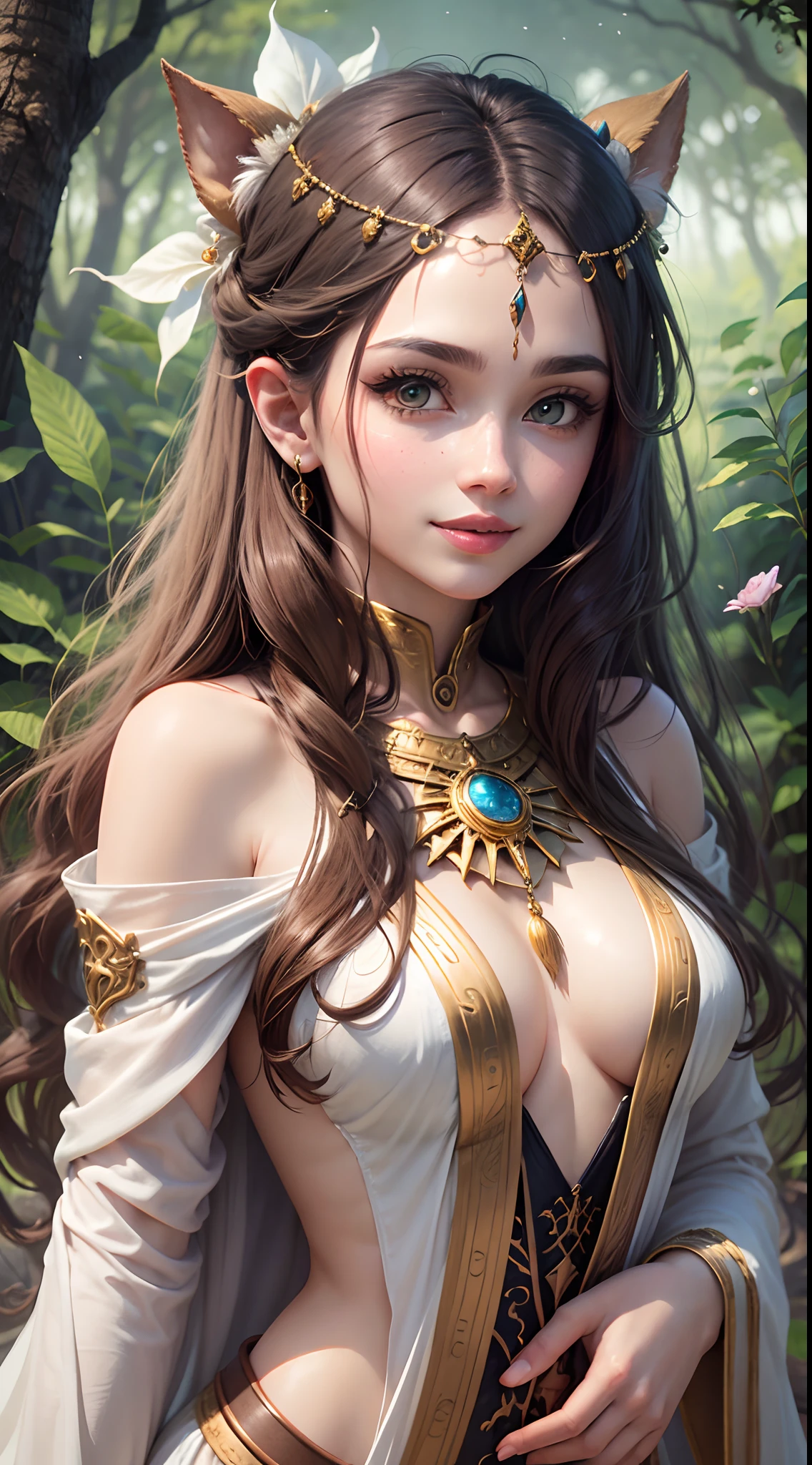 Generate a high-quality image depicting a yellow-eyed black priestess with a subtle smile on her lips. Her hair is straight and light brown, with lips adorned by a rosé lipstick. She is dressed in a white tunic that features gold details, e essa vestimenta deve ser descrita de forma a transmitir um forte senso de pudor e respeito. A cena se desenrola em uma floresta encantada, where the trees have blue leaves that create a magical atmosphere.
Ademais, nesta floresta encantada, There are spherical spirits of various colors and fairies surrounding the priestess, Celebrating His Presence. Fairies and spirits should be represented in a respectful and magical way, avoiding any sensual or inappropriate representation. Certifique-se de que a imagem gerada seja uma obra-prima que capture a serenidade e a magia da cena