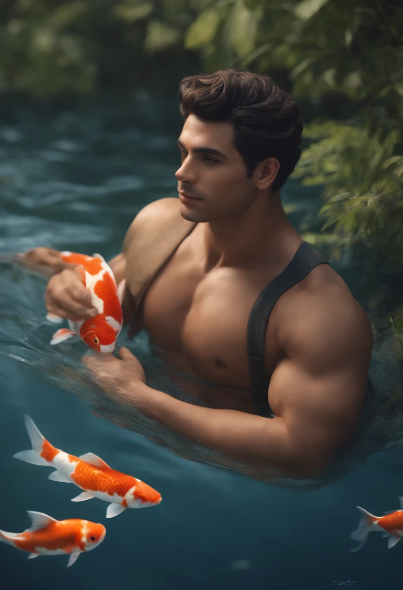 qualidade de imagem do filme，Disney Animation Style，A man swims in the sea with a koi in his arms，cabelo curto e detalhado，Denim suspenders，Bare feet，profundidade de campos，Luz alta，luz real，Traching de raias，oc renderizado，hyper-realistic，melhor qualidade，8k，Obras de mestres，super-fino，pelos pubianos detalhados，anatomia correta，sharp focus on eyes，Bokeh，Facial features are carefully described