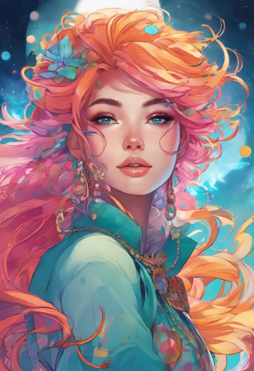 Close-up of a woman with colorful hair and necklace, anime girl with cosmic hair, Rossdraws' soft vibrancy, Gouviz-style artwork, fantasy art style, colorful], vibrant fantasy style, Rossdraws cartoon full of energy, cosmic and colorful, Guweiz, colorful digital fantasy art, stunning art style, beautiful anime style, white skin, night coat,