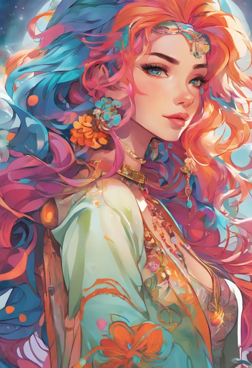 Close-up of a woman with colorful hair and necklace, anime girl with cosmic hair, Rossdraws' soft vibrancy, Gouviz-style artwork, fantasy art style, colorful], vibrant fantasy style, Rossdraws cartoon full of energy, cosmic and colorful, Guweiz, colorful digital fantasy art, stunning art style, beautiful anime style, white skin, night coat,