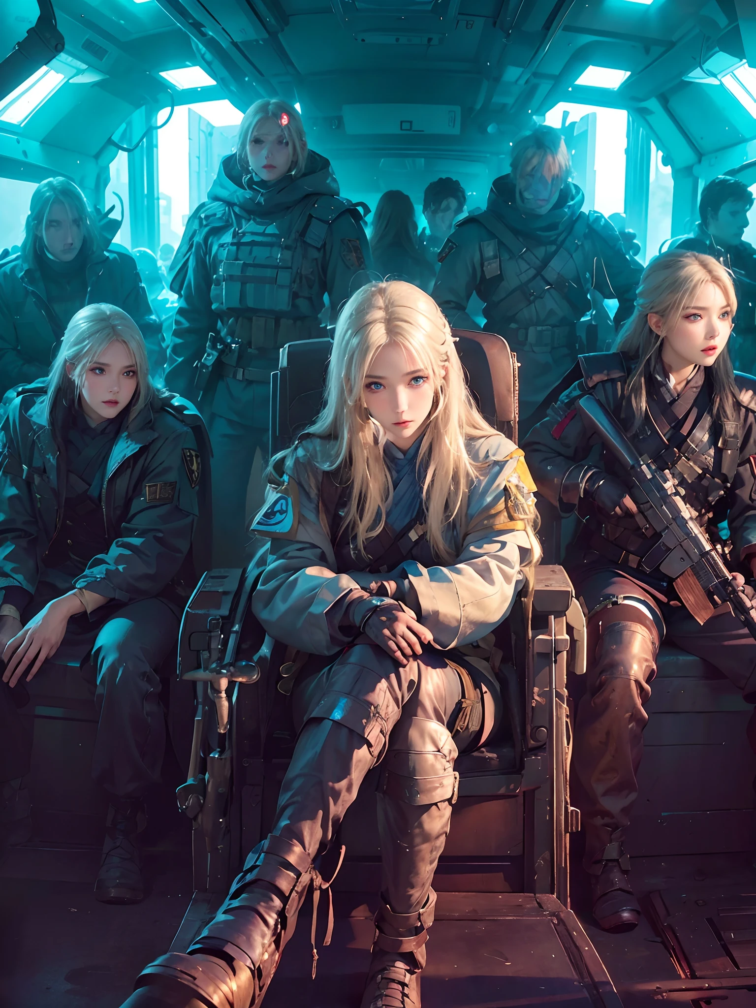 photorealistic, high resolution, 1 women, solo, hips up, look at viewer, (detailed face), blonde hair, long hair, innocent blue eyes, super detailed face, 8k ultra detailed, soldier girl, weapon ,detailed costum ,sit down