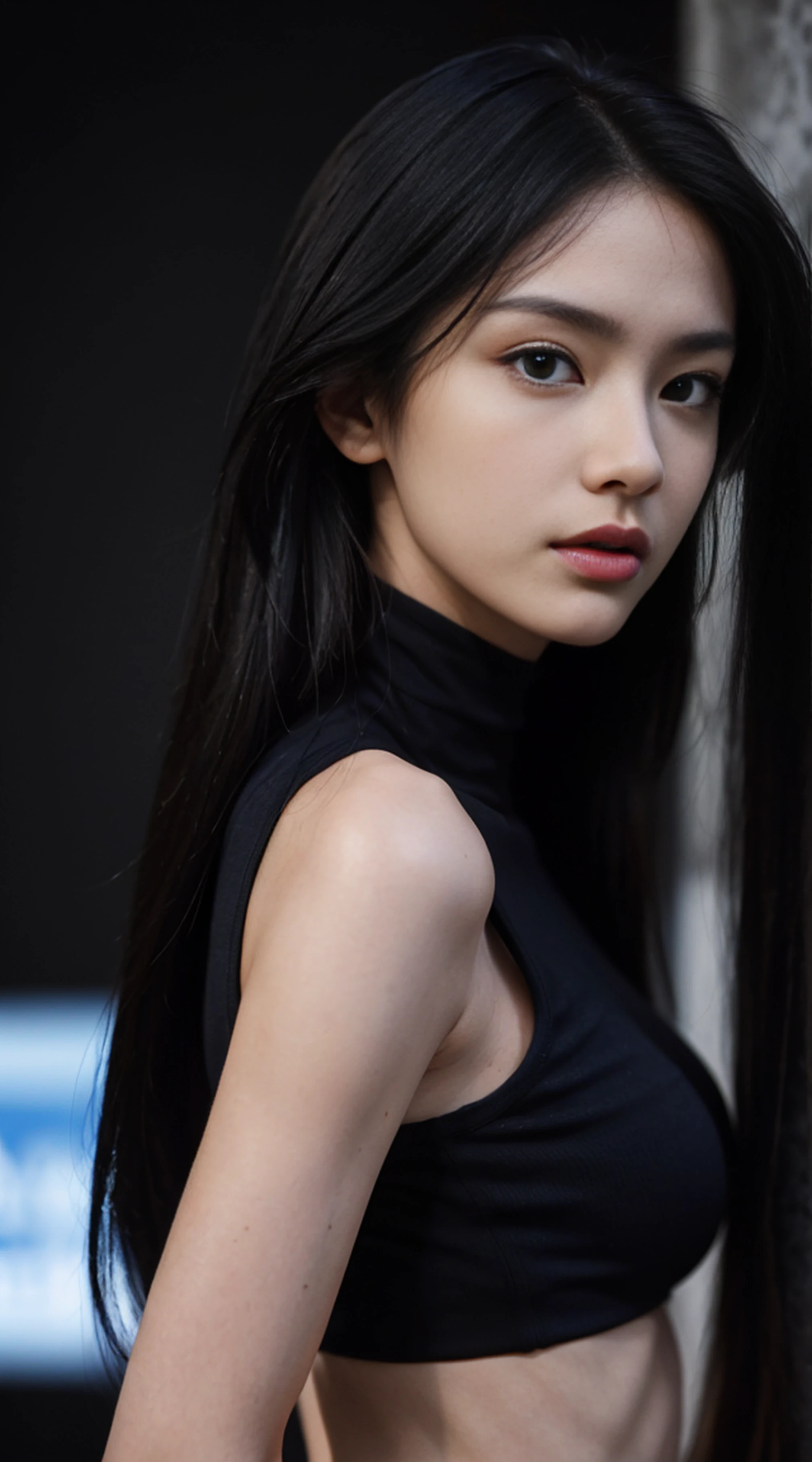 8K, Top Quality, Intricate Details, Ultra Detail, Ultra High Resolution, Masterpiece, ((close up shot)), shot from behind , looking away from viewer, Slender, not smile, (Makeup: 0.4), (Fluffy Blue Eyes: 1.21), blue Eyes,, ((full body)), 1girl, solo, 1 girl, (( full body)), close-up shot, standing ,looking away , holding gun, Photography from behind, ((tall)), (((fit body))), (((slim face))), sharp face, sharp eyes, ((( black hair, long hair ))), (detailed face), sharp face, small lips, thin lips,
(( futuristic top, cyber pants )),Holding a gunblade, detailed face, detailed breast, , large breast, detail ass, round ass , Beautiful girl with accentuated slender abs: 1.4, Six Pack Abs: 1.4, Bust Botox, Big, Perfect Body, detail leg, ),, cyberpunk background,