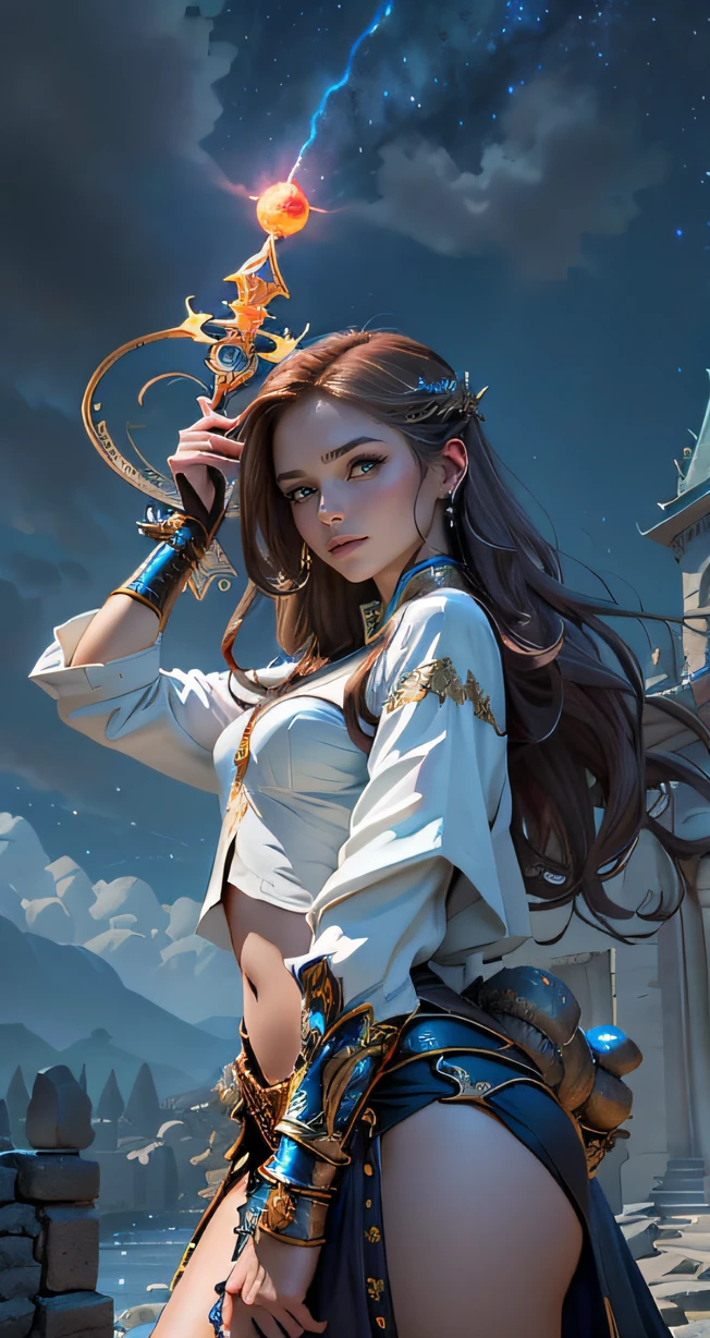 1girll, 8K quality,full bodyesbian, Mage style, Sexy goddess,The facial features are delicate and beautiful,Red long-haired,Fairy stick in hand,wands,Stand high,der riese,Architectural view of the ancient castle,blueglow,dark stormy clouds,Sky spaceship,Multiple planets,The setting sun burns the clouds,Jupiter,Mards,Tornado,Flaming,Goddess Mage,Large bearings,Stone dragon wall,Full of gold treasures,Gold and silver jewelry,Ultra-futuristic spaceship combat vehicle。