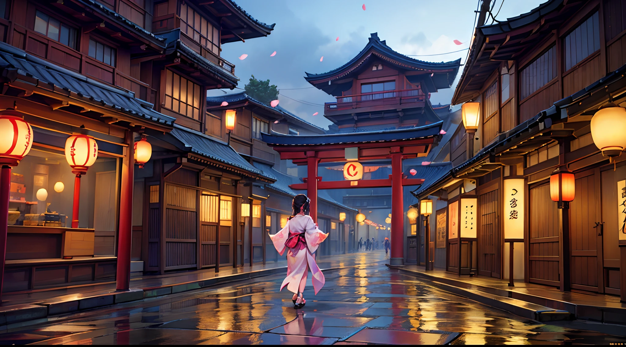 An elegantly dressed girl in the middle of the street,Japanese traditional architecture,shimmering neon lights,bustling crowd of people,brightly lit signs,capturing the vibrant energy of the city,reflections on wet pavement,beautifully adorned kimono,ornate obi belt,elaborate hair accessories,gently falling cherry blossom petals,traditional wooden geta sandals,futuristic blending with traditional culture,glowing lanterns illuminating the street,majestic torii gates,intertwining modern and traditional elements,impressive architectural details,lively atmosphere,meticulously detailed lace patterns,intricate embroidery on the kimono,fine folds and draping of the fabric,rich and vibrant colors,(best quality, 4k, 8k, highres, masterpiece:1.2),ultra-detailed,(realistic, photorealistic, photo-realistic:1.37),HDR,UHD,professional, vivid colors.