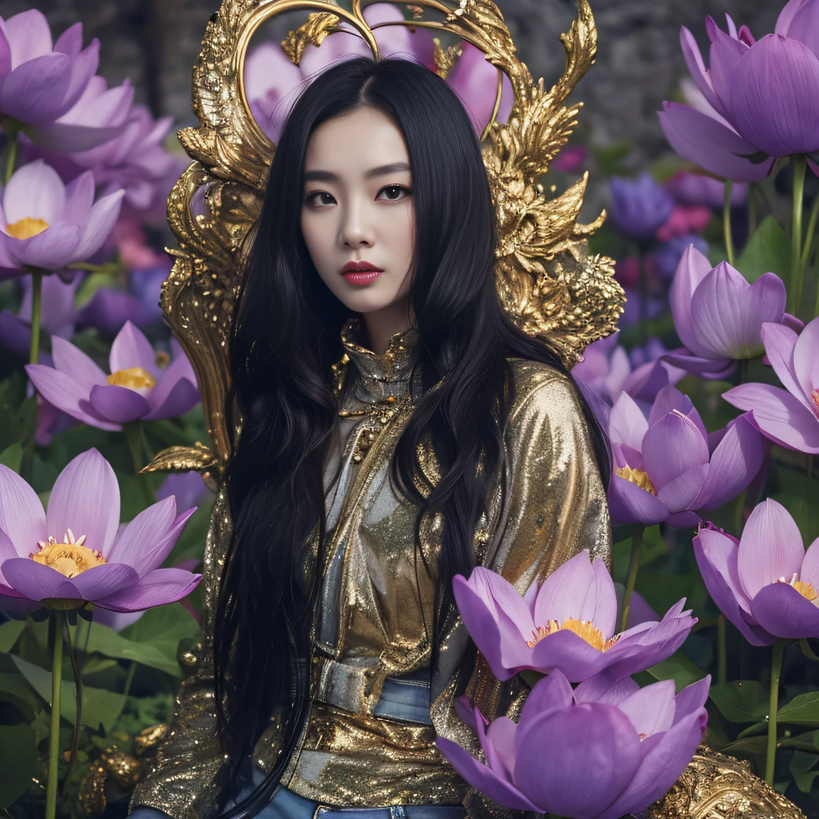 Gold tailgate 32K（tmasterpiece，k hd，hyper HD，32K）Long flowing black hair，ponds，zydink， a color， Proud of the people of Aozhou （Proud concubine girl）， （Purple silk scarf）， Combat posture， looking at the ground， long whitr hair， Floating hair， Carp pattern headdress， Chinese long-sleeved clothing， （Abstract propylene splash：1.2）， Pink petal background，Pink and white lotus flowers fly（realisticlying：1.4），Black color hair，Fallen leaves flutter，The background is pure， A high resolution， the detail， RAW photogr， Sharp Re， Nikon D850 Film Stock Photo by Jefferies Lee 4 Kodak Portra 400 Camera F1.6 shots, Rich colors, ultra-realistic vivid textures, Dramatic lighting, Unreal Engine Art Station Trend, cinestir 800，Long flowing black hair，Denim skirt