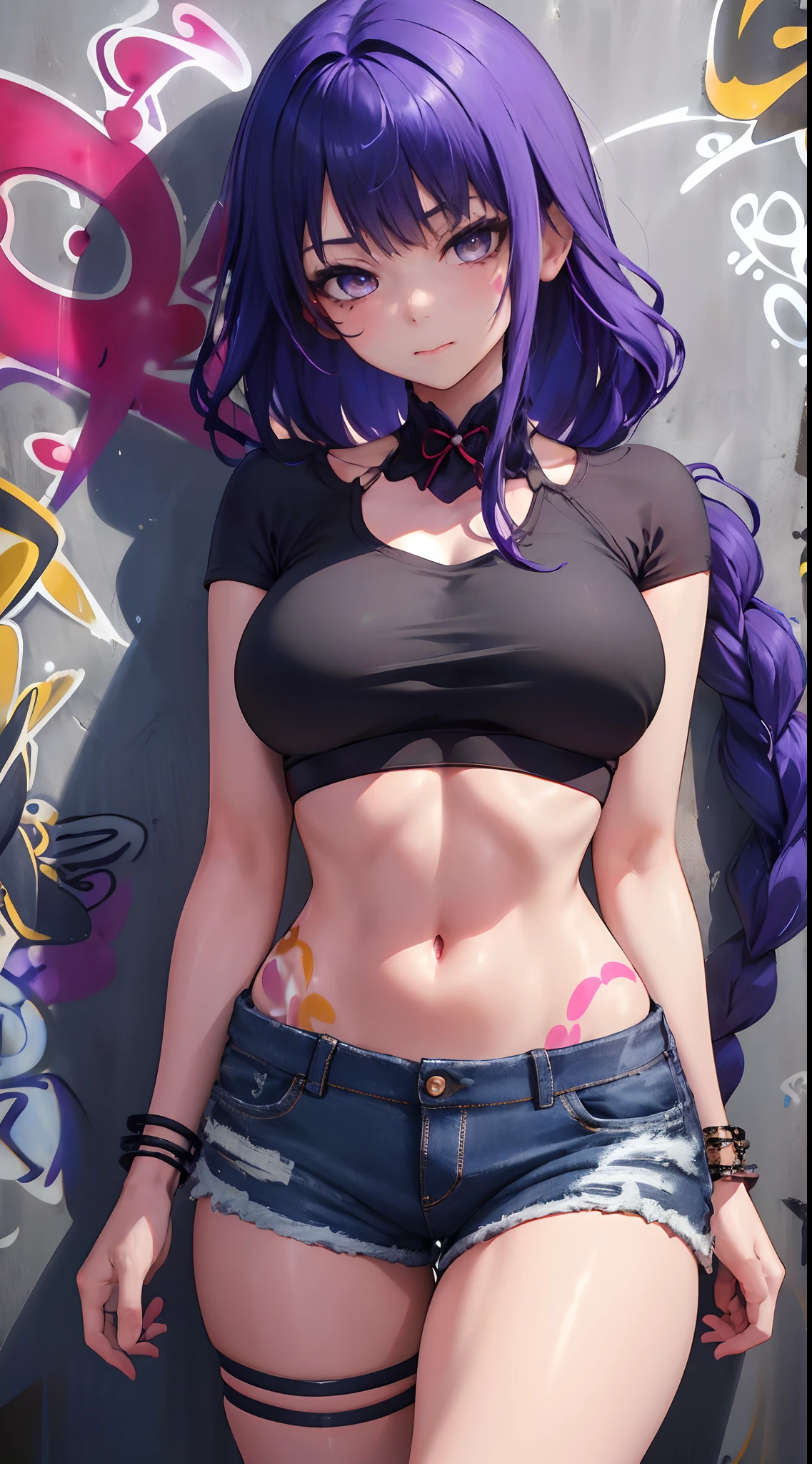 very hot girl, masterpiece, bestquality, 1girls, bara, crop top, shorts jeans, choker, (Graffiti:1.5), color splashes, arm behind back, against wall, looking at the audience, bracelet, Thigh strap, Head tilt, bored, multicolored hair, water eyes, headset, big hips, big breasts, tiny waist