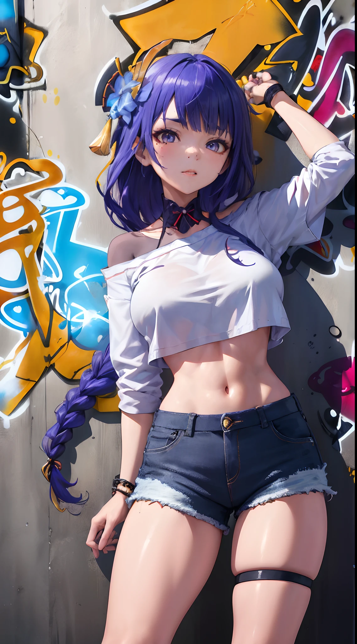 Kujou Sara Genshin Effect, masterpiece, bestquality, 1girls, bara, crop top, shorts jeans, choker, (Graffiti:1.5), color splashes, arm behind back, against wall, looking at the audience, bracelet, Thigh strap, Paint on the body....................., Head tilt, bored, multicolored hair, water eyes, headset,