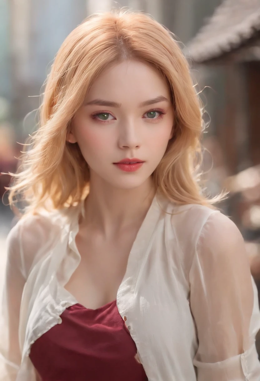 (((A deep reddish scar runs across her left cheek))) light skinned, Women around 19 years old, Natural blonde hair, Distinctive green eyes, Clothes in the world of anime, slender and graceful,, Beautiful, Streets of Tokyo, Ultra Sharp Focus, realistic shot, Tetradic color (Scar:1.4)、Hairstyles that look like they'd look like they'd look like in Dragon Ball、asian human、Flashy hair