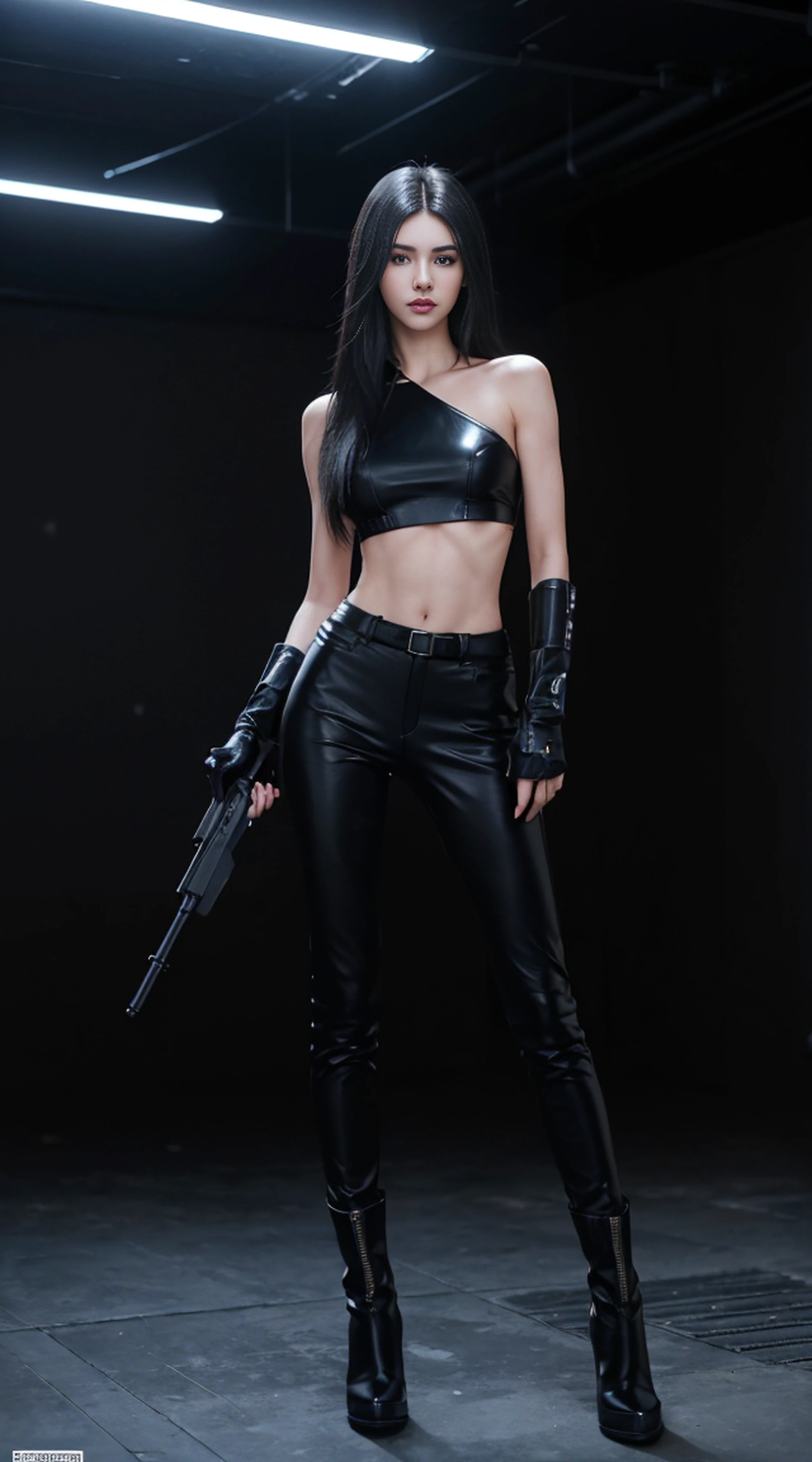 8K, Top Quality, Intricate Details, Ultra Detail, Ultra High Resolution, Masterpiece, , Slender, not Smile, (Makeup: 0.4), (Fluffy Blue Eyes: 1.21), blue Eyes,, ((full body)), 1girl, solo, 1 girl, (( full body)), close-up shot, standing , , ((tall)), (((fit body))), (((slim face))), sharp face, sharp eyes, ((( black hair, long hair ))), (detailed face), sharp face, small lips, thin lips, holding gun, Holding a gunblade
(( futuristic top, futuristic pants, futuristic glove, futuristic boots )), detailed face, detailed breast, , large breast, detail, , Beautiful girl with accentuated slender abs: 1.4, Six Pack Abs: 1.4, Bust Botox, Big, Perfect Body, detail leg, ), cyberpunk background,