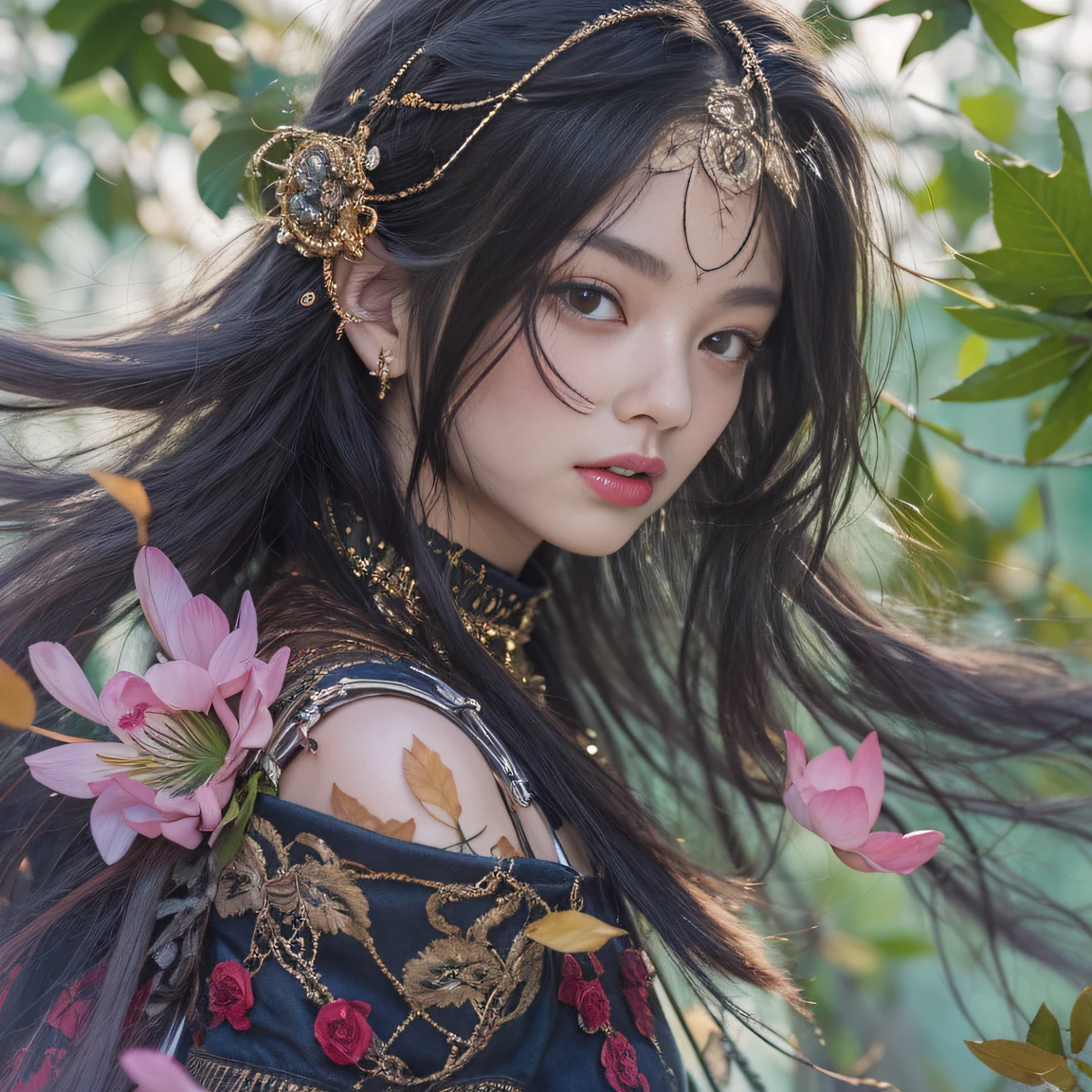 Gold backstop 32K(tmasterpiece,k hd,hyper HD,32K)Long flowing black hair,ponds,zydink, a color, Aozhou people (Concubine girl), (Purple silk scarf), Combat posture, looking at the ground, long whitr hair, Floating hair, Carp pattern headdress, Chinese long-sleeved clothing, (Abstract gouache splash:1.2), Pink petal background,Pink and white lotus flowers fly(realisticlying:1.4),Black color hair,Fallen leaves flutter,The background is pure, A high resolution, the detail, RAW photogr, Sharp Re, Nikon D850 Film Stock Photo by Jefferies Lee 4 Kodak Portra 400 Camera F1.6 shots, Rich colors, ultra-realistic vivid textures, Dramatic lighting, Unreal Engine Art Station Trend, cinestir 800,Long flowing black hair,Denim skirt