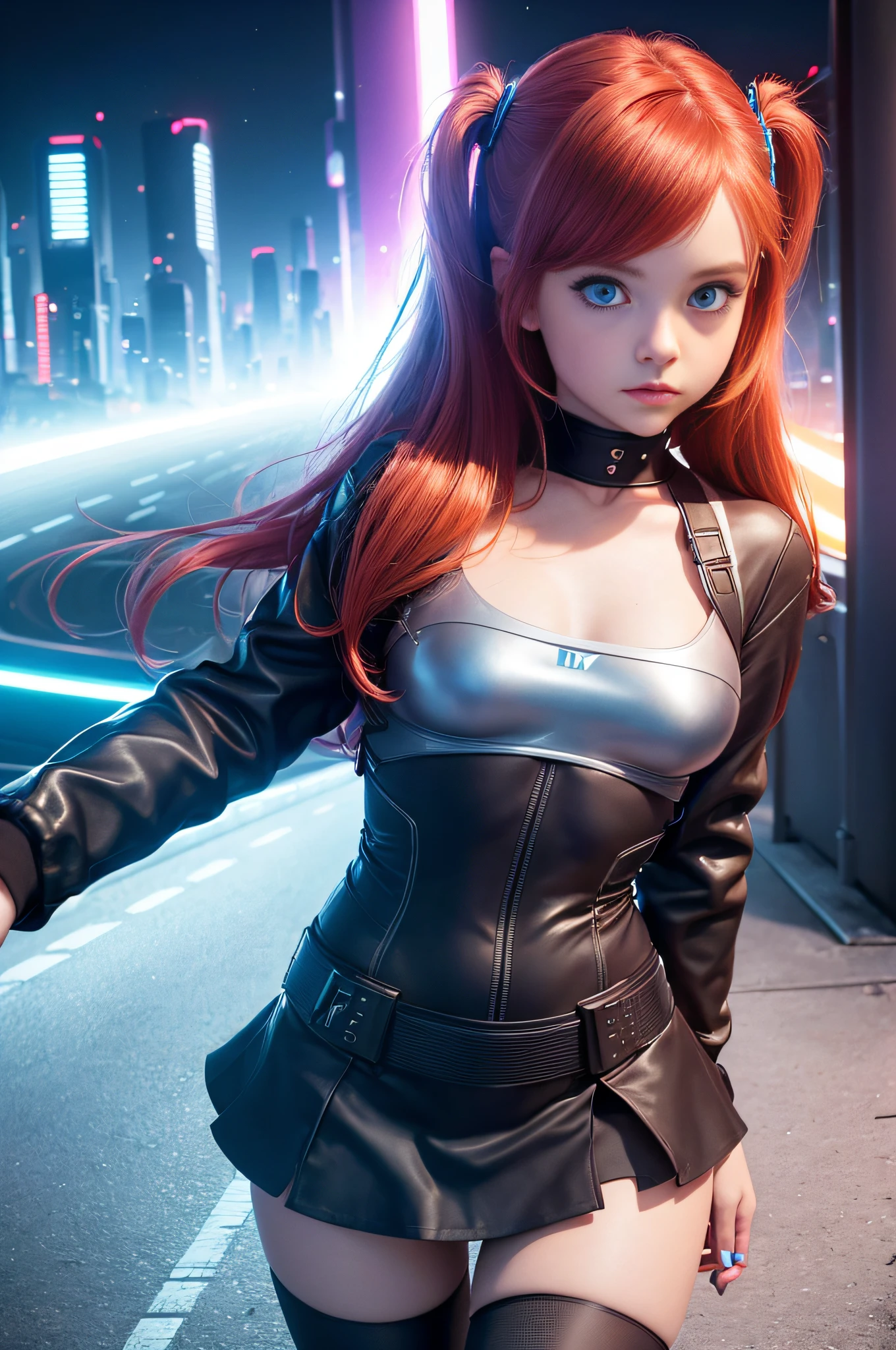 1 girl, solo, (nsfw), cute redhead 18-year-old girl in twin tails, ((perfect female body)), (cute face make up), multiple (rainbow colored hair: 1.2), (beautiful detailed blue eyes: 1.6), (photo realistic eyes: 1.6), happy, Ukrainian, (petite body), ((small hips)), pale white skin, (mini skirt and tube top), (matte pantyhose: 1.6), (("TRON LEGACY futuristic city" style background)), (night time:1.2), photo realistic.