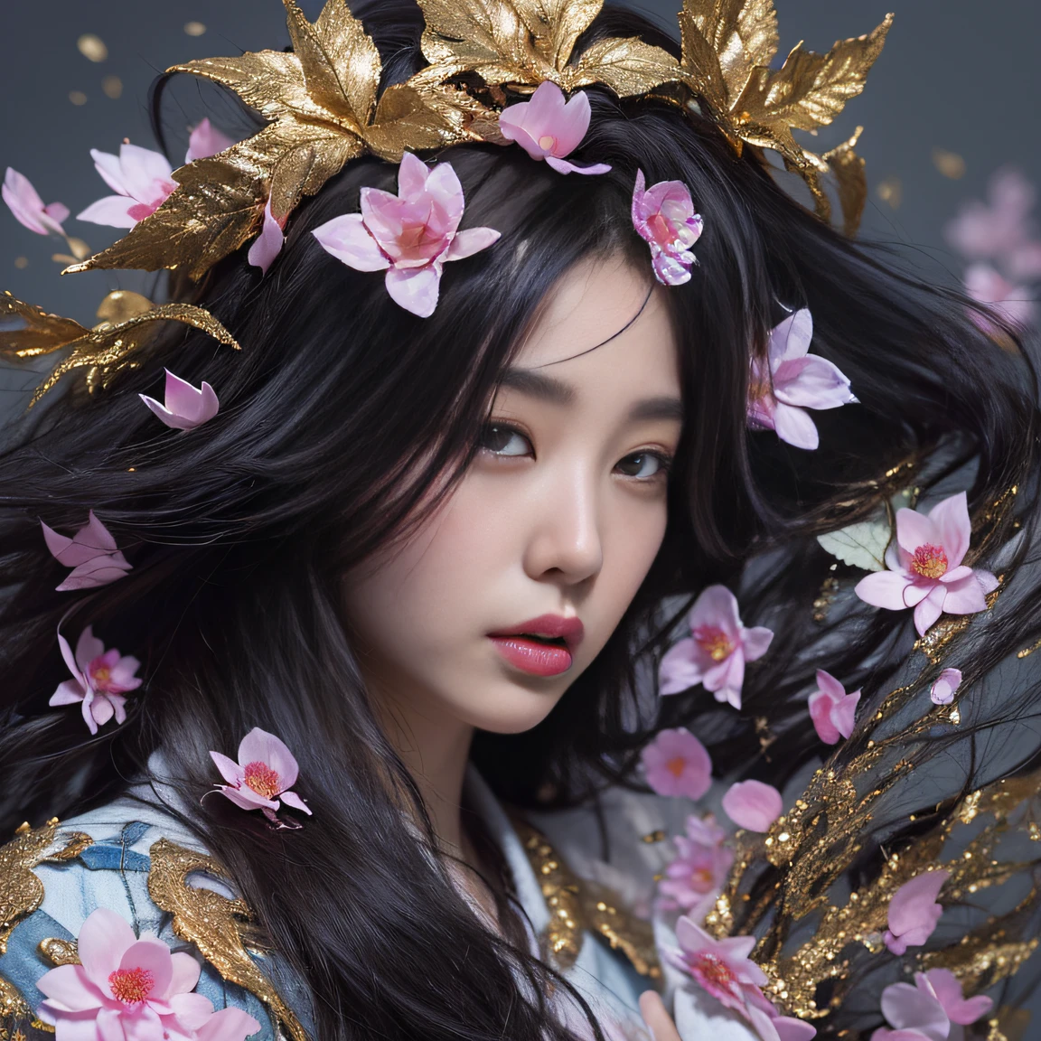 Gold backstop 32K(tmasterpiece,k hd,hyper HD,32K)Long flowing black hair,ponds,zydink, a color, Aozhou people (Concubine girl), (Purple silk scarf), Combat posture, looking at the ground, long whitr hair, Floating hair, Carp pattern headdress, Chinese long-sleeved clothing, (Abstract gouache splash:1.2), Pink petal background,Pink and white lotus flowers fly(realisticlying:1.4),Black color hair,Fallen leaves flutter,The background is pure, A high resolution, the detail, RAW photogr, Sharp Re, Nikon D850 Film Stock Photo by Jefferies Lee 4 Kodak Portra 400 Camera F1.6 shots, Rich colors, ultra-realistic vivid textures, Dramatic lighting, Unreal Engine Art Station Trend, cinestir 800,Long flowing black hair,Denim skirt