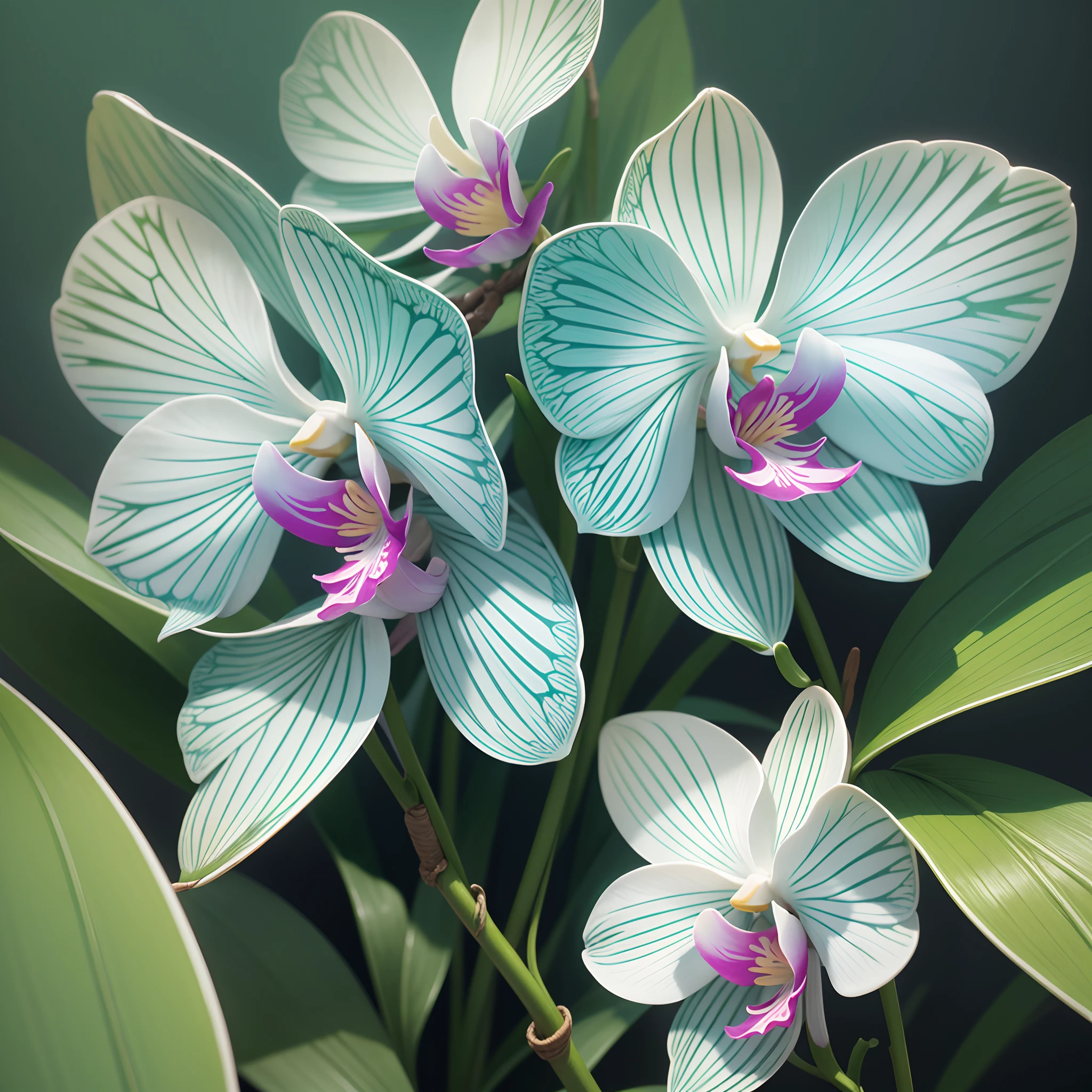 Close-up of 3 turquoise flowers ,The back has many types of orchids of different colors, blur the background , Sharp foreground , 8k, Natural reality rendering, Rendering with Povray, hoa lan xanh, Highly detailed rendering, Surreal details drawn, hoa lan, Nacre orchid, hoa lan, hoa lan, hoa lan, Giant Orchid 3D, soft, high detail, gentle, Butterfly Orchid, softly bent branches --auto --s2