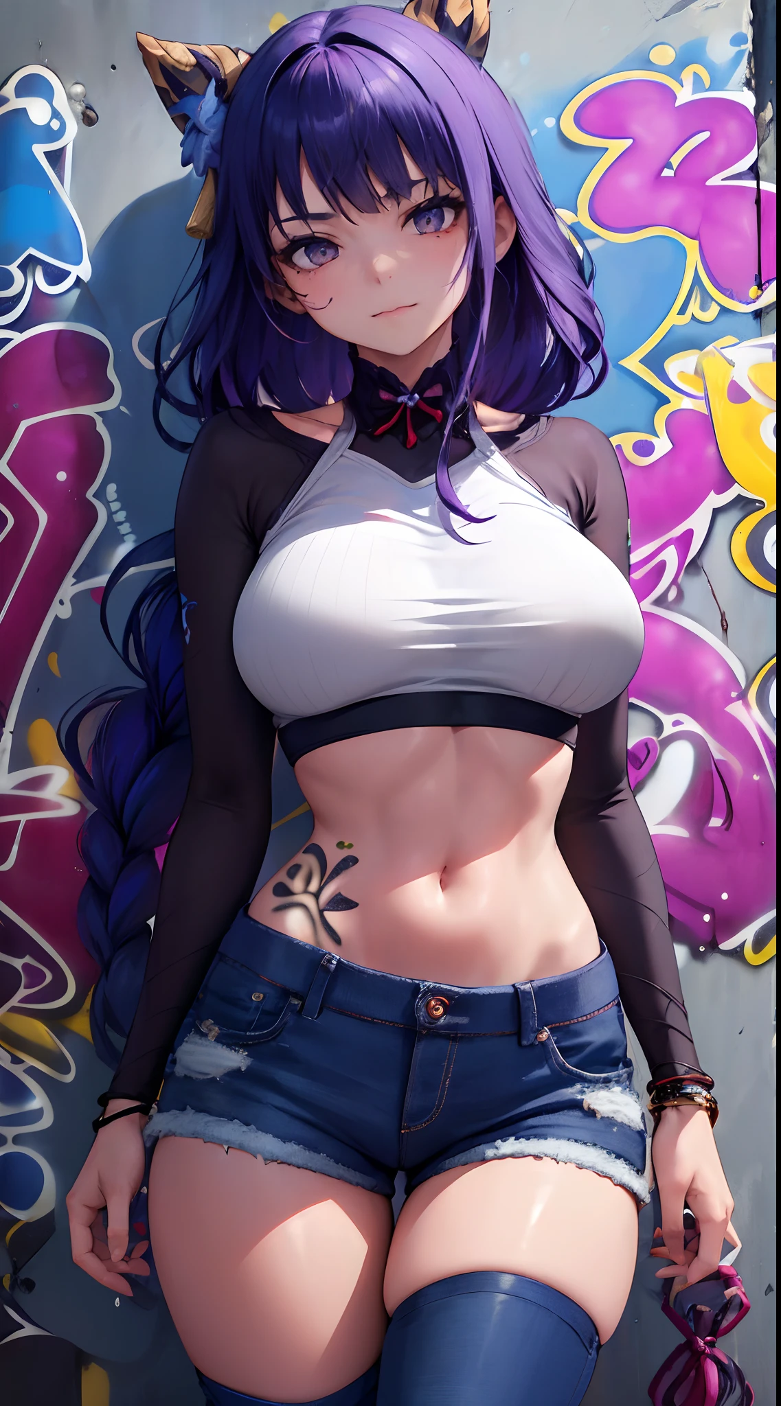 score_9, score_8_up, score_7_up, score_6_up, source_anime, 1girl, solo, <lora:cgcornelia-pdxl-nvwls-v1-000005:1> cgcor, purple hair, long hair, wavy hair, purple eyes, purple lipstick, black t-shirt, short sleeves, underboob, navel, shiny skin, huge breasts, black shorts, arm behind head, wink, smile, blush, looking at you, outdoors, city, blue sky