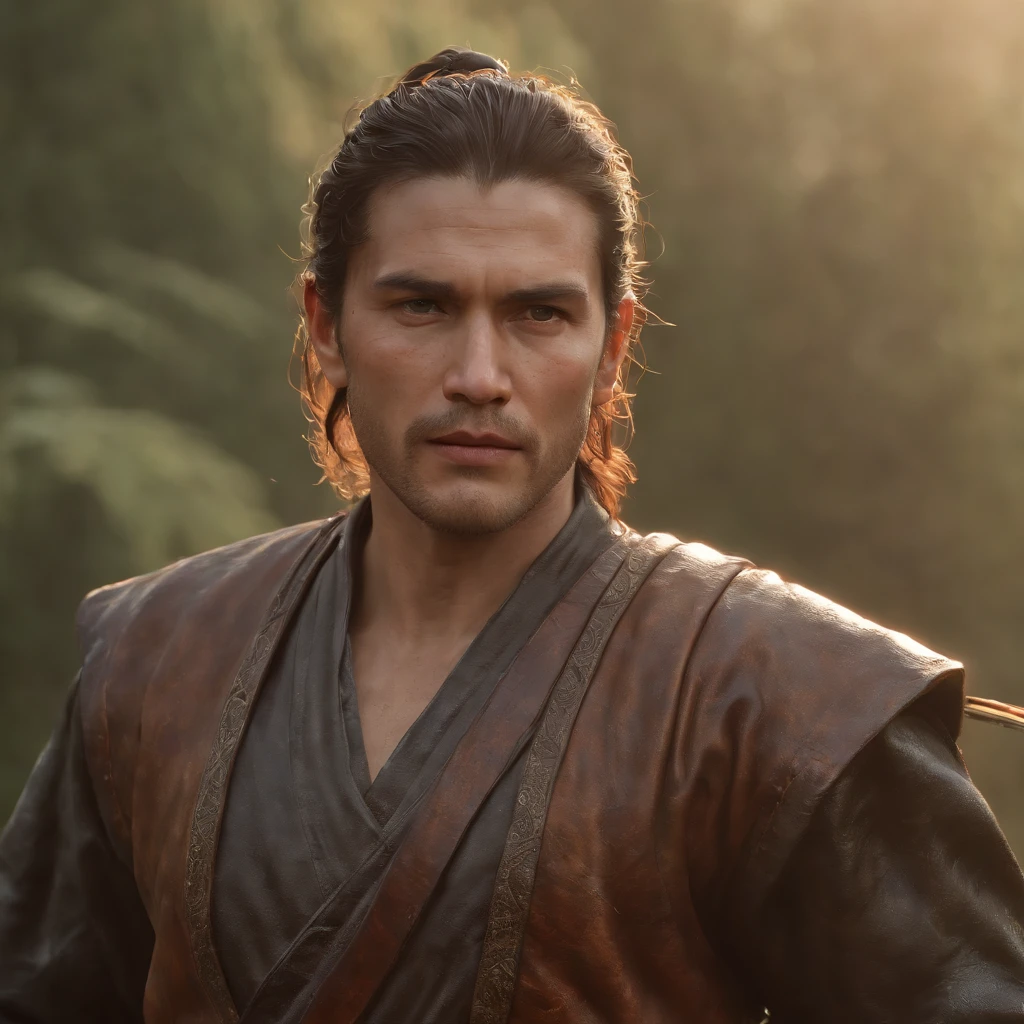 Make an image of a samurai with a sword in his hand with the following pre settings, (Professional 3D rendering:1.3) de (Realistic:1.3) Foto de arte mais bonita do mundo，Features soft, bright male heroes, ((Epic hero fantasy rough muscular man wet hero angry look long hair short beard and fierce expression in dynamic pose, fantastic location, majestoso ambiente desordenado)), corpo inteiro 8k unidade render, action shot, poros da pele, very dark lighting, sombreamento pesado, circunstanciado, Rosto detalhado, (vibrante, fotogrdeia realista, Realistic, Dramatic, Escuro, foco nítido, 8k), (Old leather clothes damaged by bad weather:1.4), ((((Use peles)))), (intrincado:1.4), decadente, (altamente detalhado:1.4), pintura digital, rendering by octane, art stations, Conceito-Arte, liso, foco nítido, illustration, germe da arte, (Loish:0.23), Wlop Ilya Kuvshinov, e Greg Rutkowski e Alphonse Mucha Gracias, (global ilumination, studiolight, Light Volumetric), chuva forte, floating particles, patife, fantasia, Onze, corpo inteiroesbian, ((Fundo escuro e antigo da cidade:1.3)),CGSesociedade,art stations