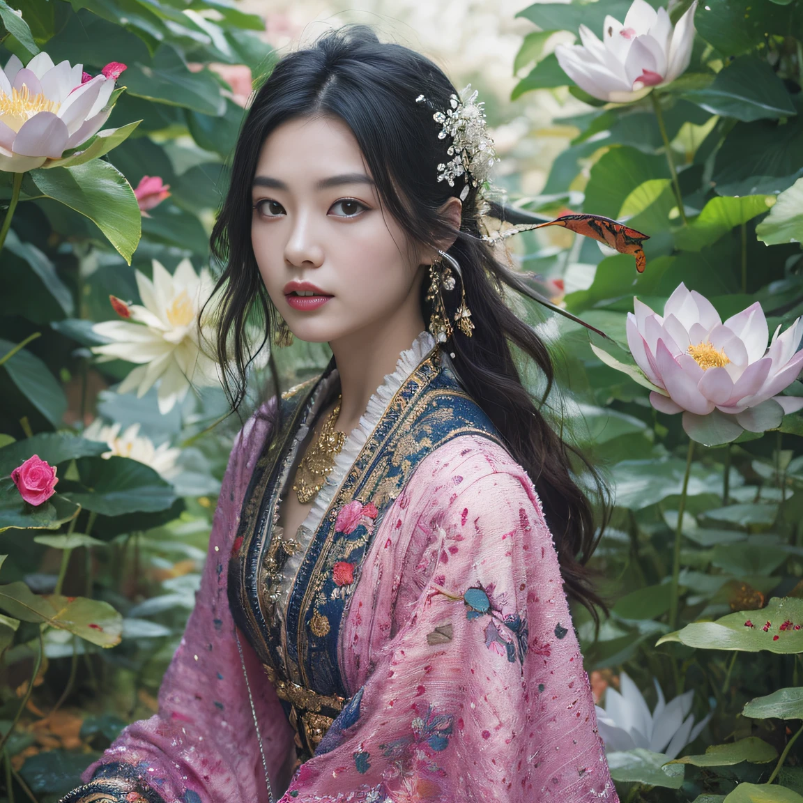 Gold backstop 32K（tmasterpiece，k hd，hyper HD，32K）Long flowing black hair，ponds，zydink， a color， Aozhou people （Concubine girl）， （Purple silk scarf）， Combat posture， looking at the ground， long whitr hair， Floating hair， Carp pattern headdress， Chinese long-sleeved clothing， （Abstract gouache splash：1.2）， Pink petal background，Pink and white lotus flowers fly（realisticlying：1.4），Black color hair，Fallen leaves flutter，The background is pure， A high resolution， the detail， RAW photogr， Sharp Re， Nikon D850 Film Stock Photo by Jefferies Lee 4 Kodak Portra 400 Camera F1.6 shots, Rich colors, ultra-realistic vivid textures, Dramatic lighting, Unreal Engine Art Station Trend, cinestir 800，Long flowing black hair，Denim skirt
