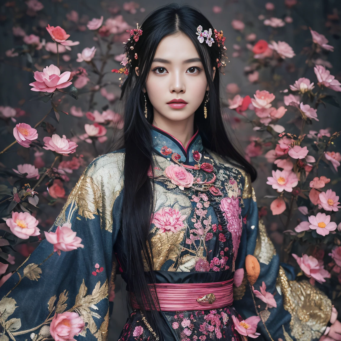 Gold backstop 32K(tmasterpiece,k hd,hyper HD,32K)Long flowing black hair,ponds,zydink, a color, Aozhou people (Concubine girl), (Purple silk scarf), Combat posture, looking at the ground, long whitr hair, Floating hair, Carp pattern headdress, Chinese long-sleeved clothing, (Abstract gouache splash:1.2), Pink petal background,Pink and white lotus flowers fly(realisticlying:1.4),Black color hair,Fallen leaves flutter,The background is pure, A high resolution, the detail, RAW photogr, Sharp Re, Nikon D850 Film Stock Photo by Jefferies Lee 4 Kodak Portra 400 Camera F1.6 shots, Rich colors, ultra-realistic vivid textures, Dramatic lighting, Unreal Engine Art Station Trend, cinestir 800,Long flowing black hair,Denim skirt