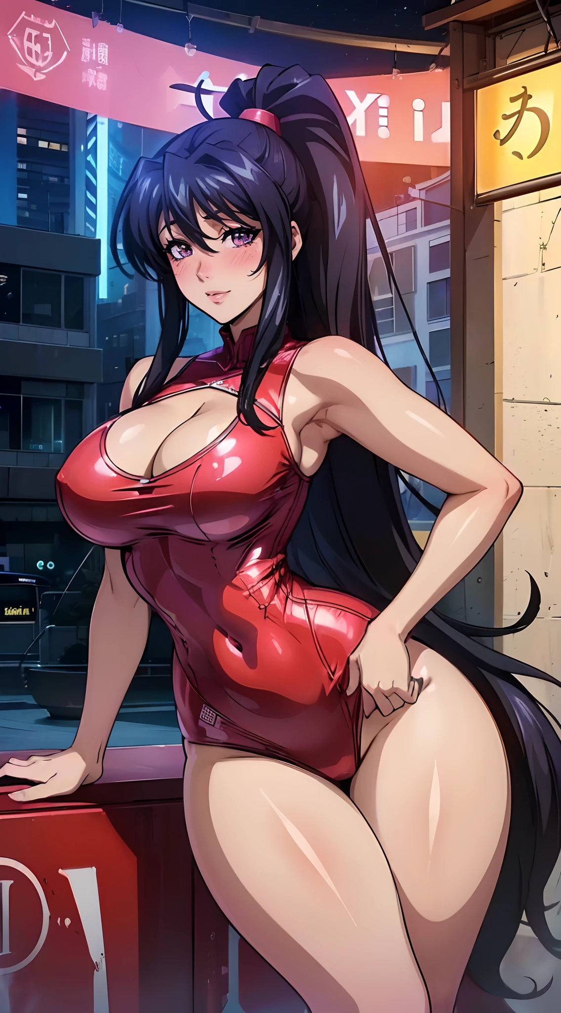 (melhor qualidade:1.3), (qualidade 4k), Akeno himejima by high school dxd, ((Rosto detalhado)), ((body curvy)),((Cara de blush)), (peitos grandes), clivagem, sexy, ((cidade)), ((academia de roupas))