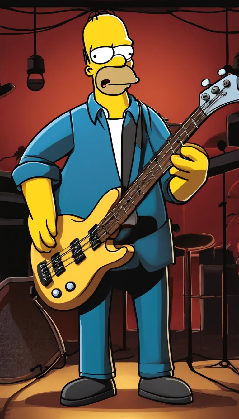 cafe shop，The Simpsons，Homer Simpson plays bass，homer simpson，dramatic lights，Dramatic colors，On stage，One guy，Play bass，The whole body of the character