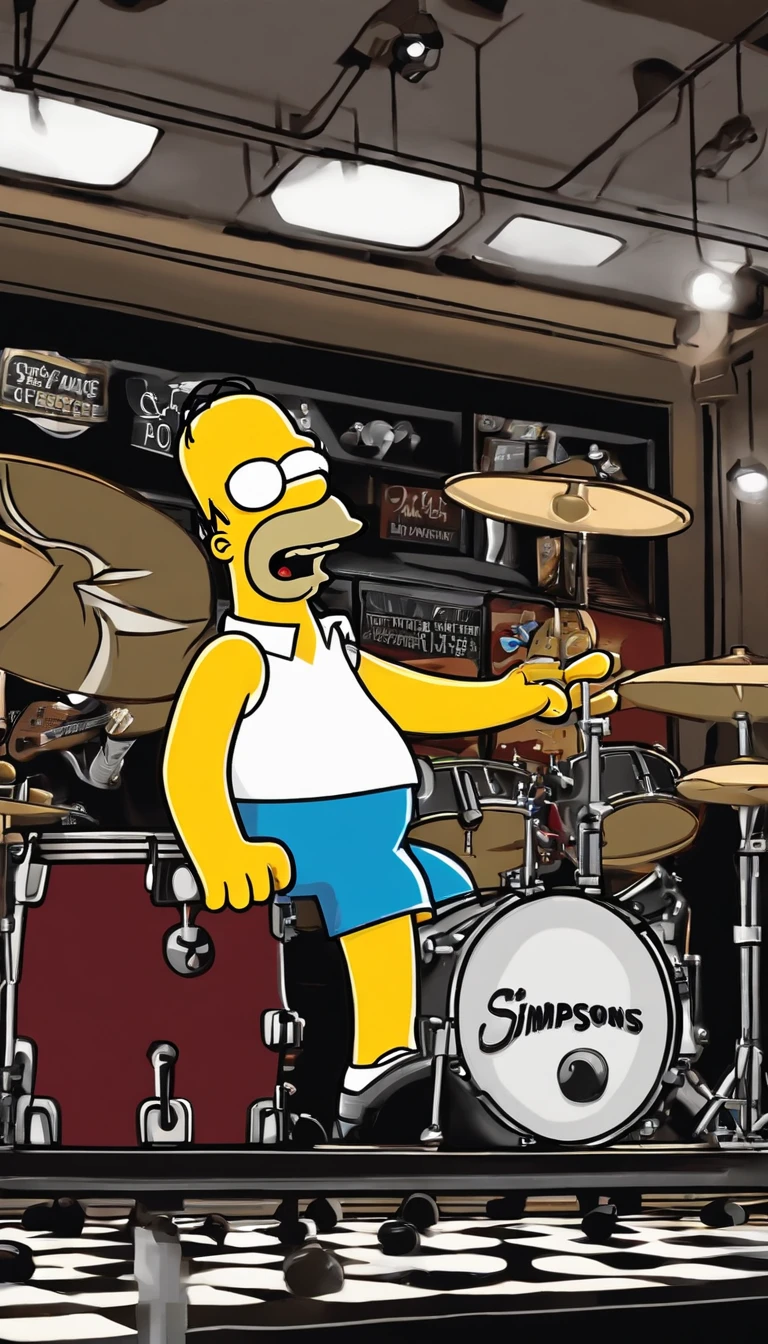cafe shop,The Simpsons,Homer Simpson plays bass,homer simpson,dramatic lights,Dramatic colors,On stage,One guy,Play bass,The whole body of the character