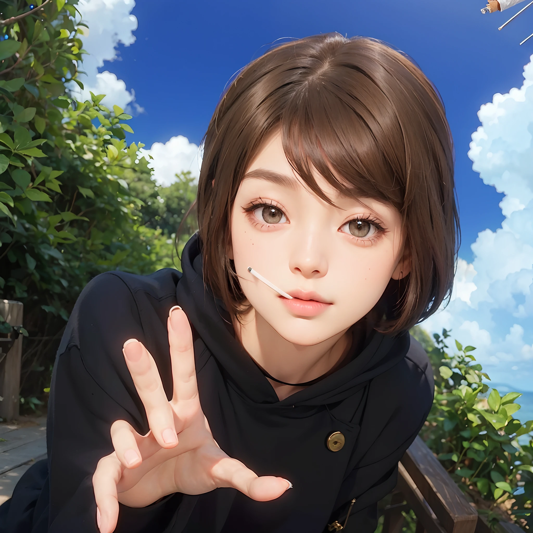 Real life adaption of this character, beauty face,realistic outfit,detailed brown eyes,realistic brown hair,realistic background,hyper realistic,realism,realistic light, realistic shadow,(photorealistic:1.2), looking to viewer,((there is a cigarette on her mouth))