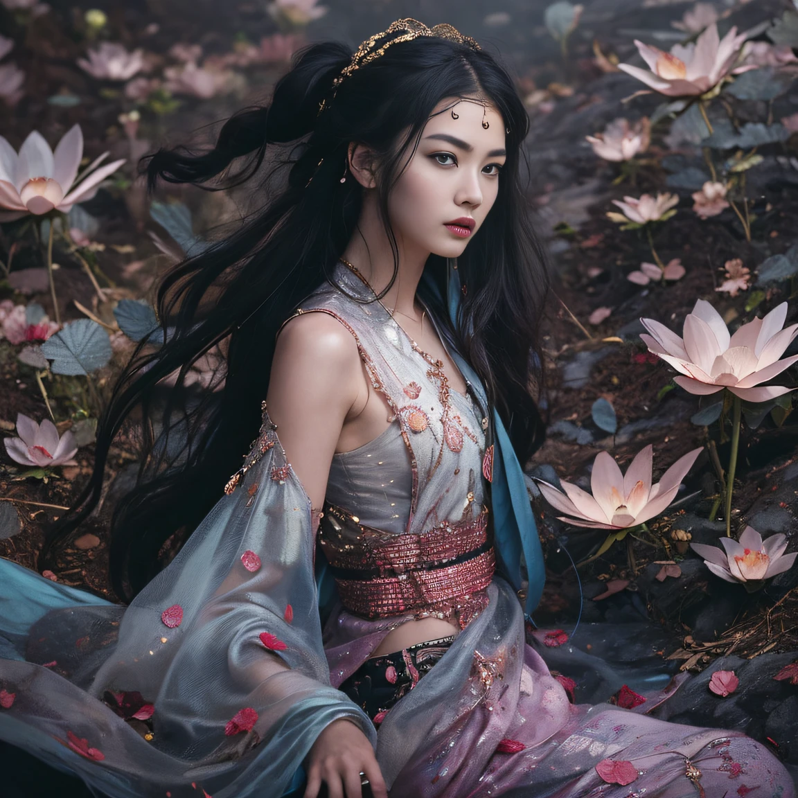 Gold backstop 32K(tmasterpiece,k hd,hyper HD,32K)Long flowing black hair,ponds,zydink, a color, Aozhou people (Concubine girl), (Purple silk scarf), Combat posture, looking at the ground, long whitr hair, Floating hair, Carp pattern headdress, Chinese long-sleeved clothing, (Abstract gouache splash:1.2), Pink petal background,Pink and white lotus flowers fly(realisticlying:1.4),Black color hair,Fallen leaves flutter,The background is pure, A high resolution, the detail, RAW photogr, Sharp Re, Nikon D850 Film Stock Photo by Jefferies Lee 4 Kodak Portra 400 Camera F1.6 shots, Rich colors, ultra-realistic vivid textures, Dramatic lighting, Unreal Engine Art Station Trend, cinestir 800,Long flowing black hair,Denim skirt