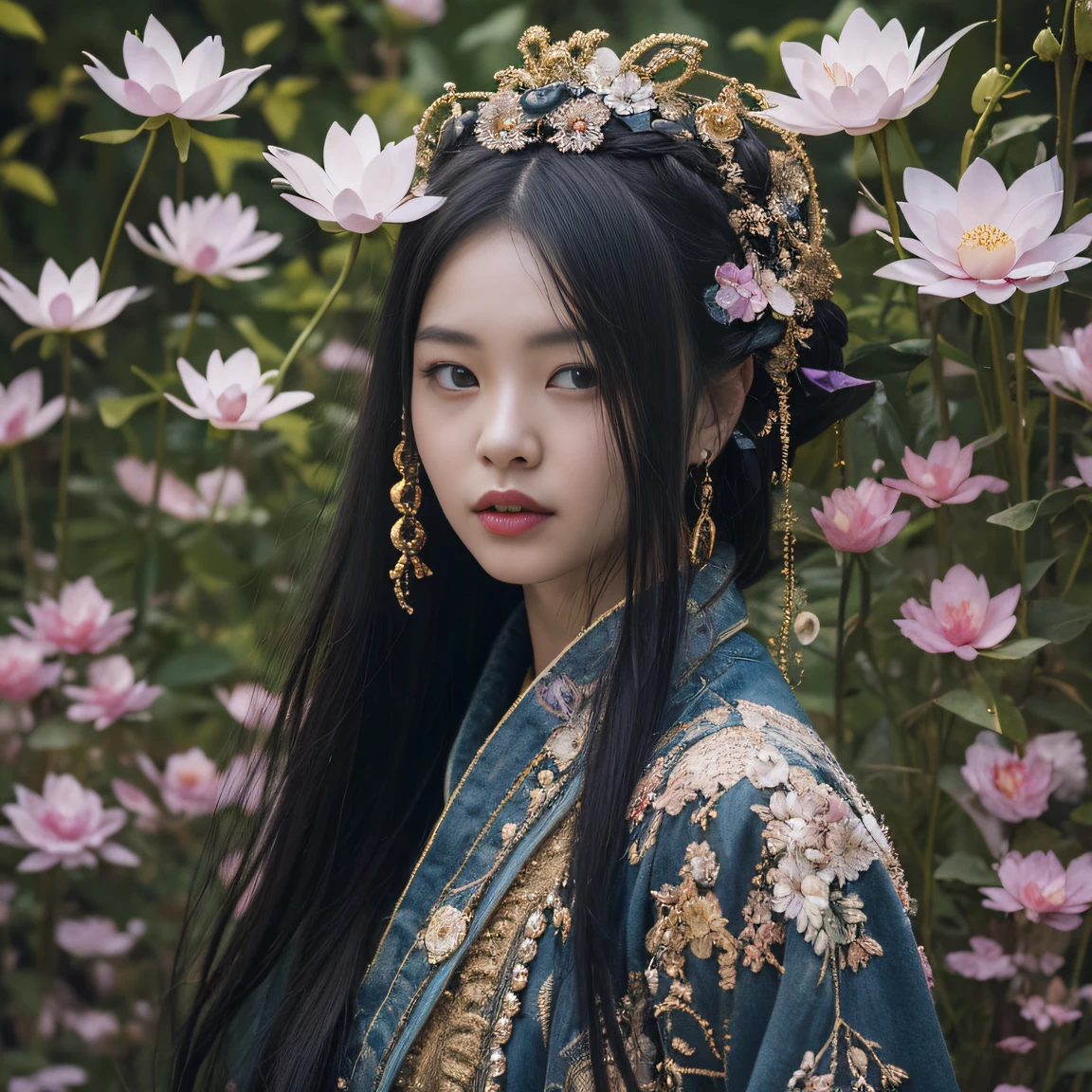 Gold backstop 32K(tmasterpiece,k hd,hyper HD,32K)Long flowing black hair,ponds,zydink, a color, Aozhou people (Concubine girl), (Purple silk scarf), Combat posture, looking at the ground, long whitr hair, Floating hair, Carp pattern headdress, Chinese long-sleeved clothing, (Abstract gouache splash:1.2), Pink petal background,Pink and white lotus flowers fly(realisticlying:1.4),Black color hair,Fallen leaves flutter,The background is pure, A high resolution, the detail, RAW photogr, Sharp Re, Nikon D850 Film Stock Photo by Jefferies Lee 4 Kodak Portra 400 Camera F1.6 shots, Rich colors, ultra-realistic vivid textures, Dramatic lighting, Unreal Engine Art Station Trend, cinestir 800,Long flowing black hair,Denim skirt