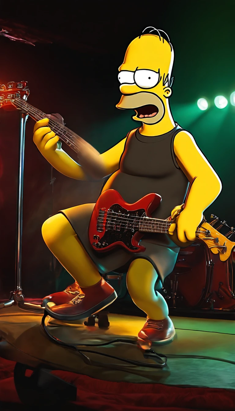 cafe shop,The Simpsons,Homer Simpson plays bass,homer simpson,dramatic lights,Dramatic colors,On stage,One guy,Play bass,The whole body of the character
