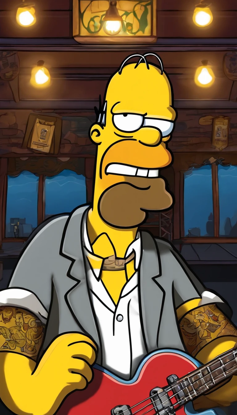 cafe shop,The Simpsons,Homer Simpson plays bass,homer simpson,dramatic lights,Dramatic colors,On stage,One guy,Play bass,The whole body of the character
