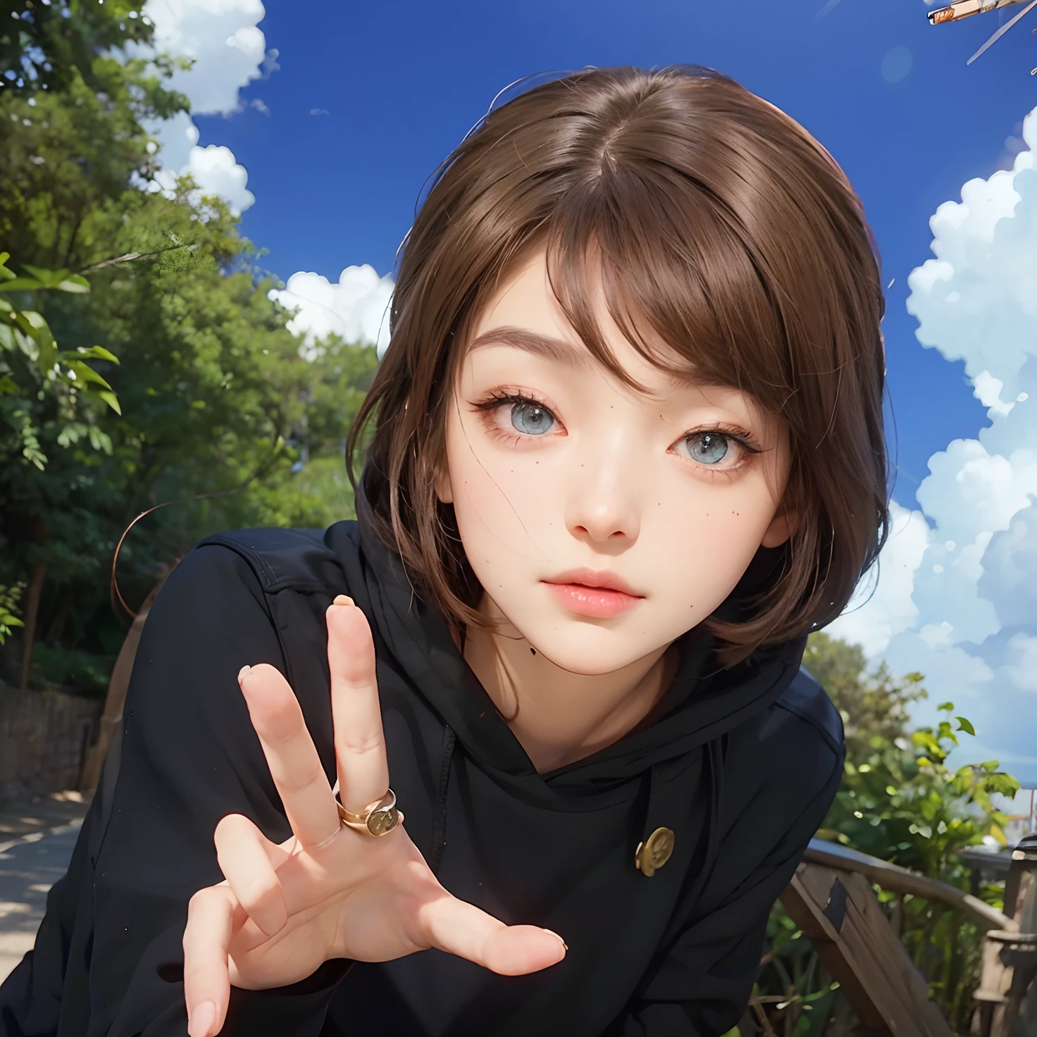 Real life adaption of this character, beauty face,realistic outfit,detailed eyes,realistic brown hair,realistic background,hyper realistic,realism,realistic light, realistic shadow,(photorealistic:1.2), looking to viewer,there is a cigarette on her mouth