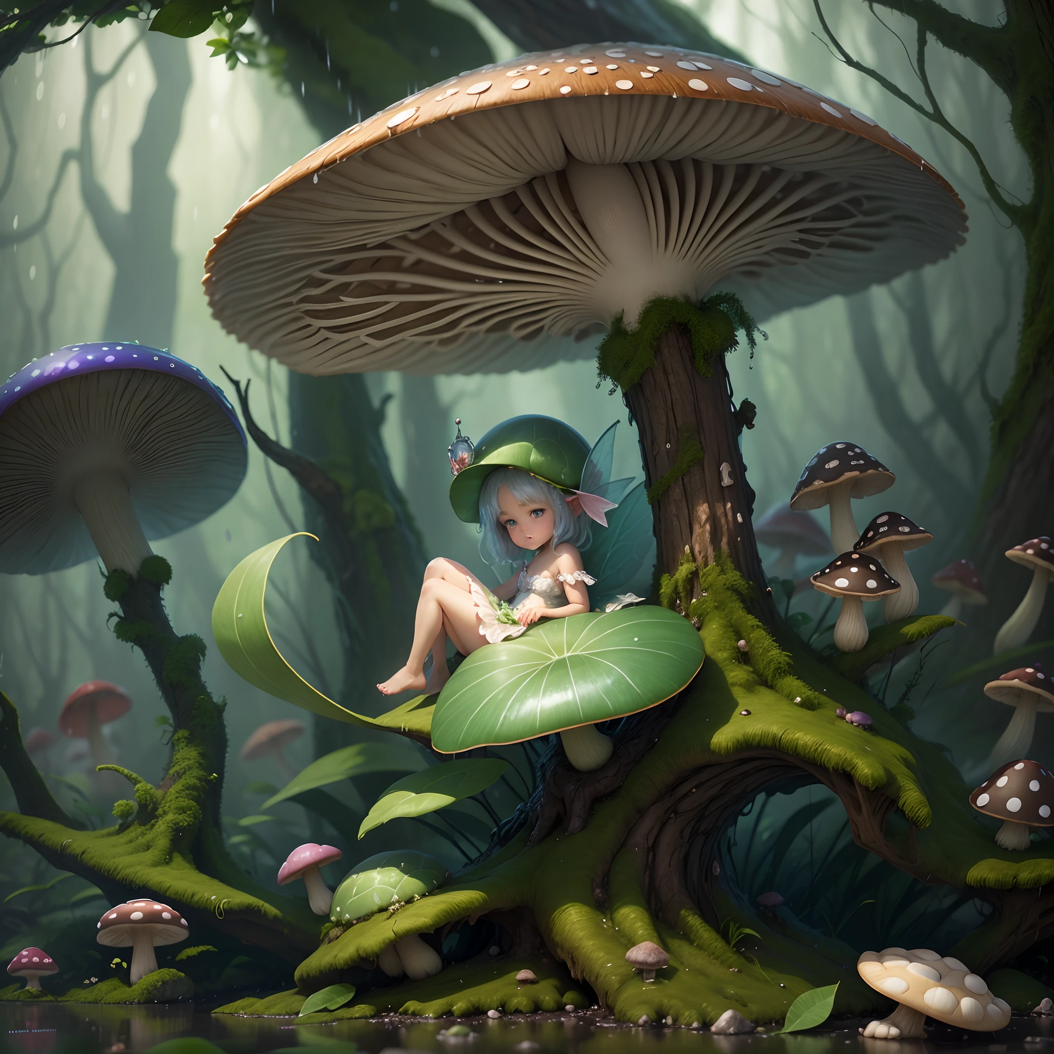A tiny fairy princess, sheltering under a mushroom during the rain, visible heavy rain, 8k photorealistic, hyperdetailed