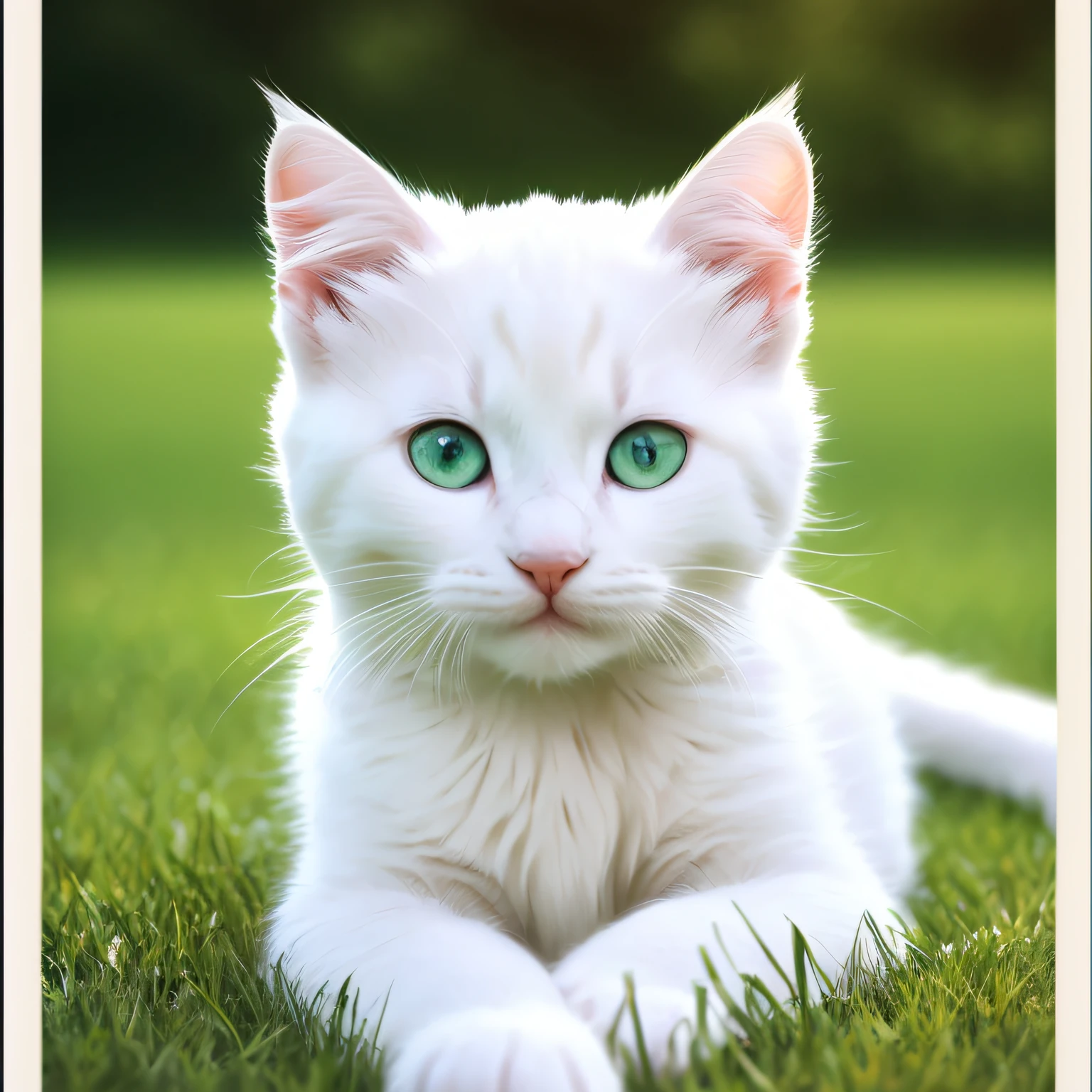 (best quality, complex details: 1.2,realistic:1.2) ,a pure white Beautiful lovly kitten siting on the grass ,movie,from right side,([yellow:blue:0.8] eyes:1.2),looking forword,
