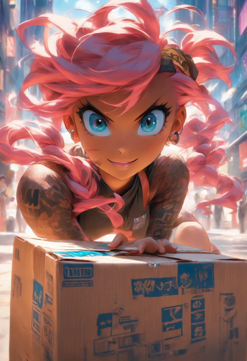 The most beautiful and sexy UPS delivery service girl, pink hair, blue eyes, dark skin, wearing UPS uniform, tattoos and piercings, holding a package, perfect masterpiece, high quality, high resolution