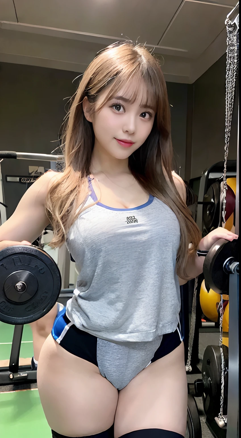 (Best quality,masterpiece,ultra detailed,8K,RAW photo,realistic,high resolution:1.2),(Pretty Japanese girl),(Super huge tits:1.4),(light brown hair),(gym uniform,buruma:1.4),(muscular:1.6),(shoulder length),(light smile),(huge arms:1.5)
