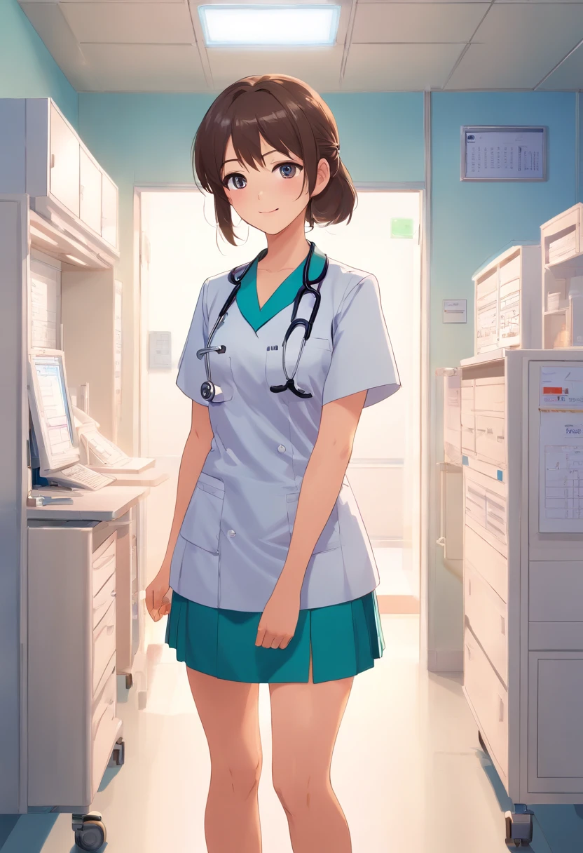 1 girl, nurse, wearing nurse uniform, female, miniskirt, beautiful detailed eyes, beautiful detailed lips, caring smile, medical tools, white sneakers, stethoscope, medical mask, patient's chart, bright and clean hospital room, professional medical setting, soft and natural lighting, digital monitor, modern healthcare technology, minimalistic design, calming atmosphere, high-resolution, photorealistic rendering, vivid colors, professional portrait style.