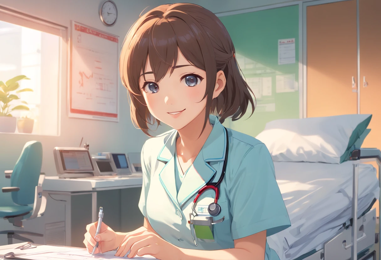 1 girl, nurse, wearing nurse uniform, female, miniskirt, beautiful detailed eyes, beautiful detailed lips, caring smile, medical tools, white sneakers, stethoscope, medical mask, patient's chart, bright and clean hospital room, professional medical setting, soft and natural lighting, digital monitor, modern healthcare technology, minimalistic design, calming atmosphere, high-resolution, photorealistic rendering, vivid colors, professional portrait style.