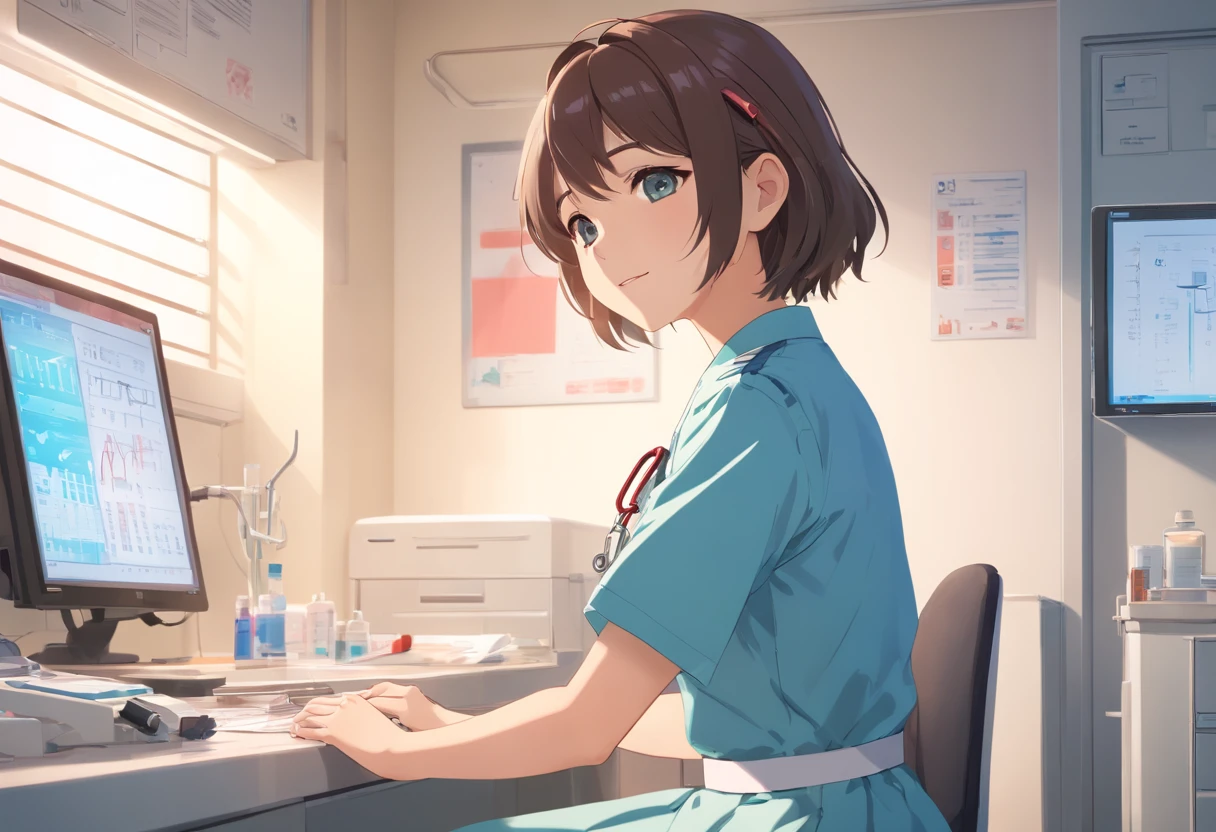 1 girl, nurse, wearing nurse uniform, female, miniskirt, beautiful detailed eyes, beautiful detailed lips, caring smile, medical tools, white sneakers, stethoscope, medical mask, patient's chart, bright and clean hospital room, professional medical setting, soft and natural lighting, digital monitor, modern healthcare technology, minimalistic design, calming atmosphere, high-resolution, photorealistic rendering, vivid colors, professional portrait style.