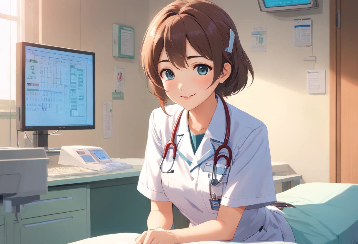 1 girl, nurse, wearing nurse uniform, female, miniskirt, beautiful detailed eyes, beautiful detailed lips, caring smile, medical tools, white sneakers, stethoscope, medical mask, patient's chart, bright and clean hospital room, professional medical setting, soft and natural lighting, digital monitor, modern healthcare technology, minimalistic design, calming atmosphere, high-resolution, photorealistic rendering, vivid colors, professional portrait style.