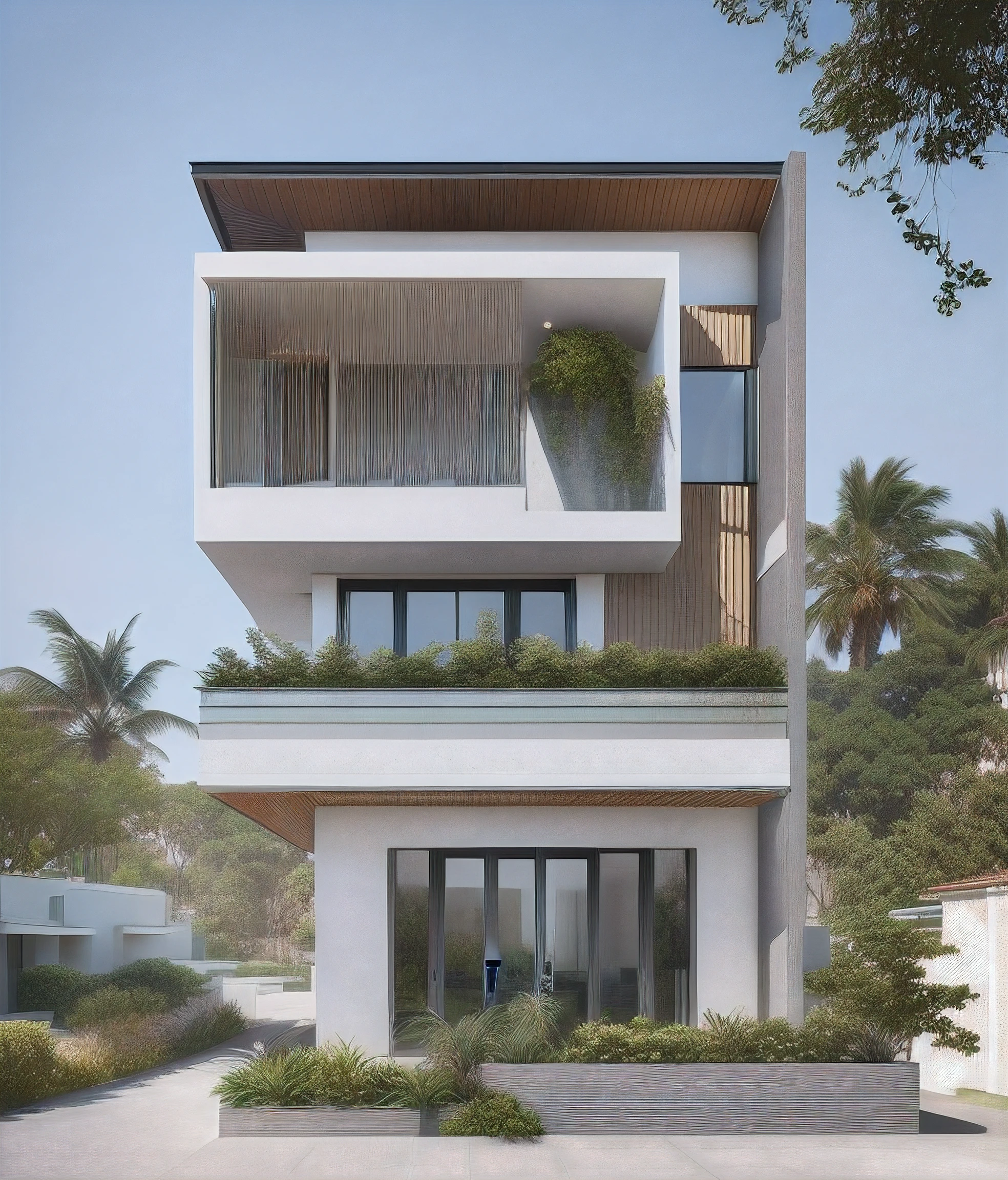 rendering of a modern house with a balcony and a balcony, inter dimensional villa, frontview, overall architectural design, realistic architecture, front-view, a photorealistic rendering, concept house, exterior design, contemporary house, 2 d render, mid-view, an architectural, 3 d rendering, 3d rendering, hq very detailed, realistic concept, highly rendered!!