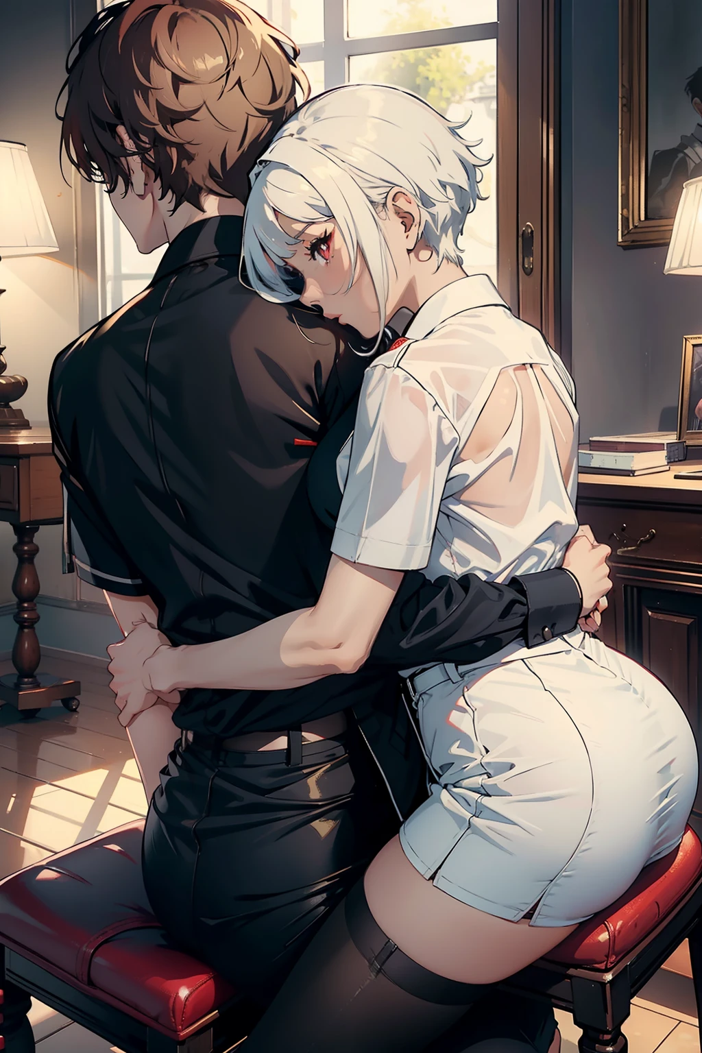 Erotic, nsfw, 18+,top-quality masterpiece Male and female couples Girl with red eyes, sitting on a chair wearing a tight skirt over a blouse。Boys hugging each other from behind。Boys wearing high school long pants uniforms with mash cut hairstyles。Without glasses、Revenge relationship, hot kiss, sexy girl, big breasts, hot boys, the boys Inserting a into the female genitalia، girls wear tight skirts and show their bums