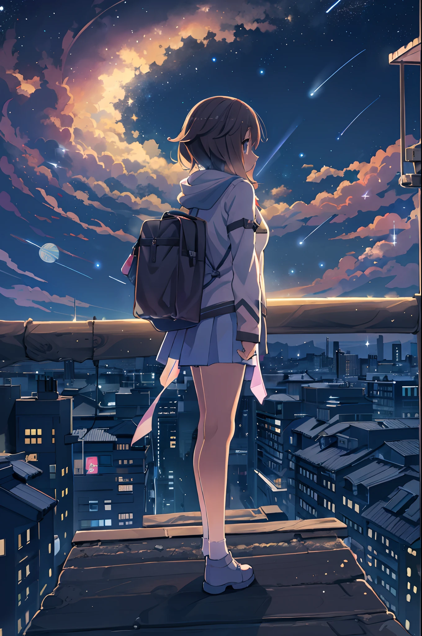 Starry Sky、One woman、Black Hair、Short Hair、Hair blowing in the wind、Wearing a hoodie、Back view、Full body portrait、Overlooking the city from afar